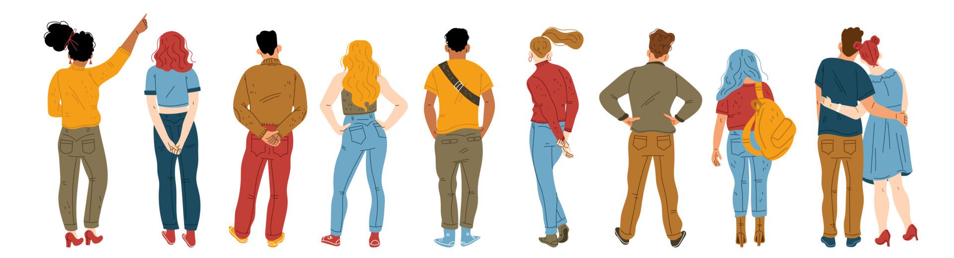 Back view of young people standing in row Free Vector