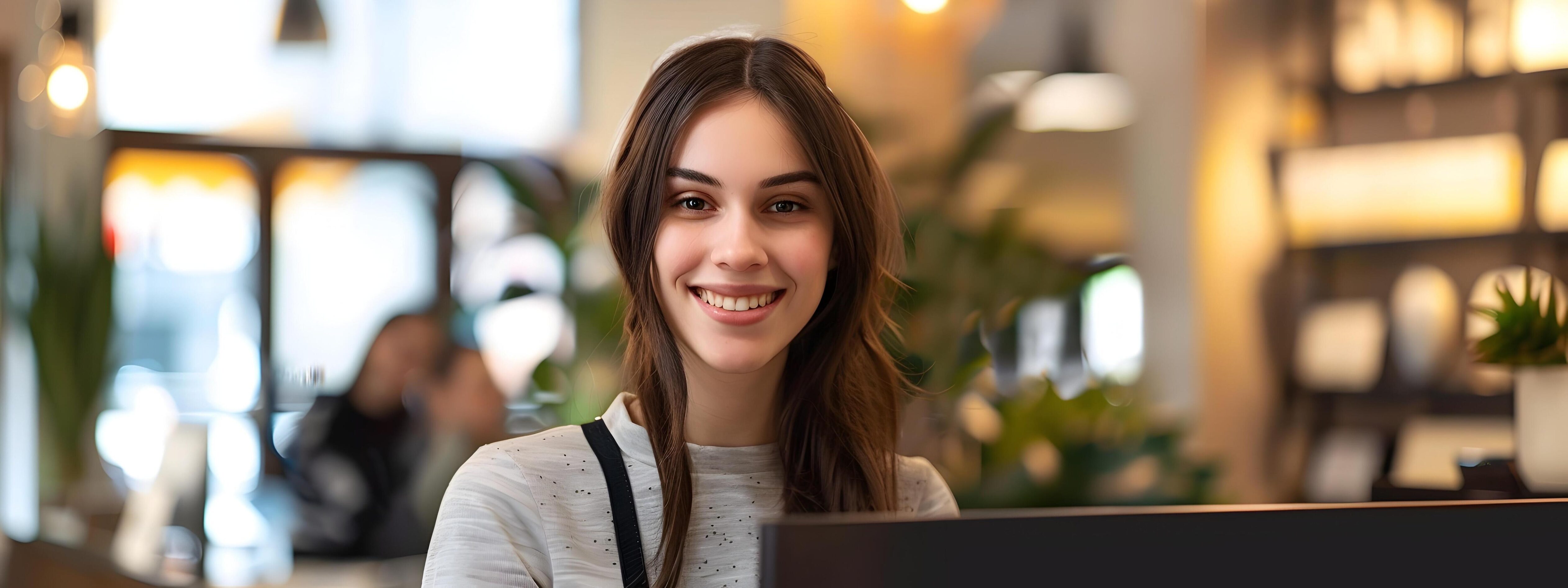 Friendly and Efficient Young Receptionist Welcoming Visitors in Modern Office Environment Stock Free