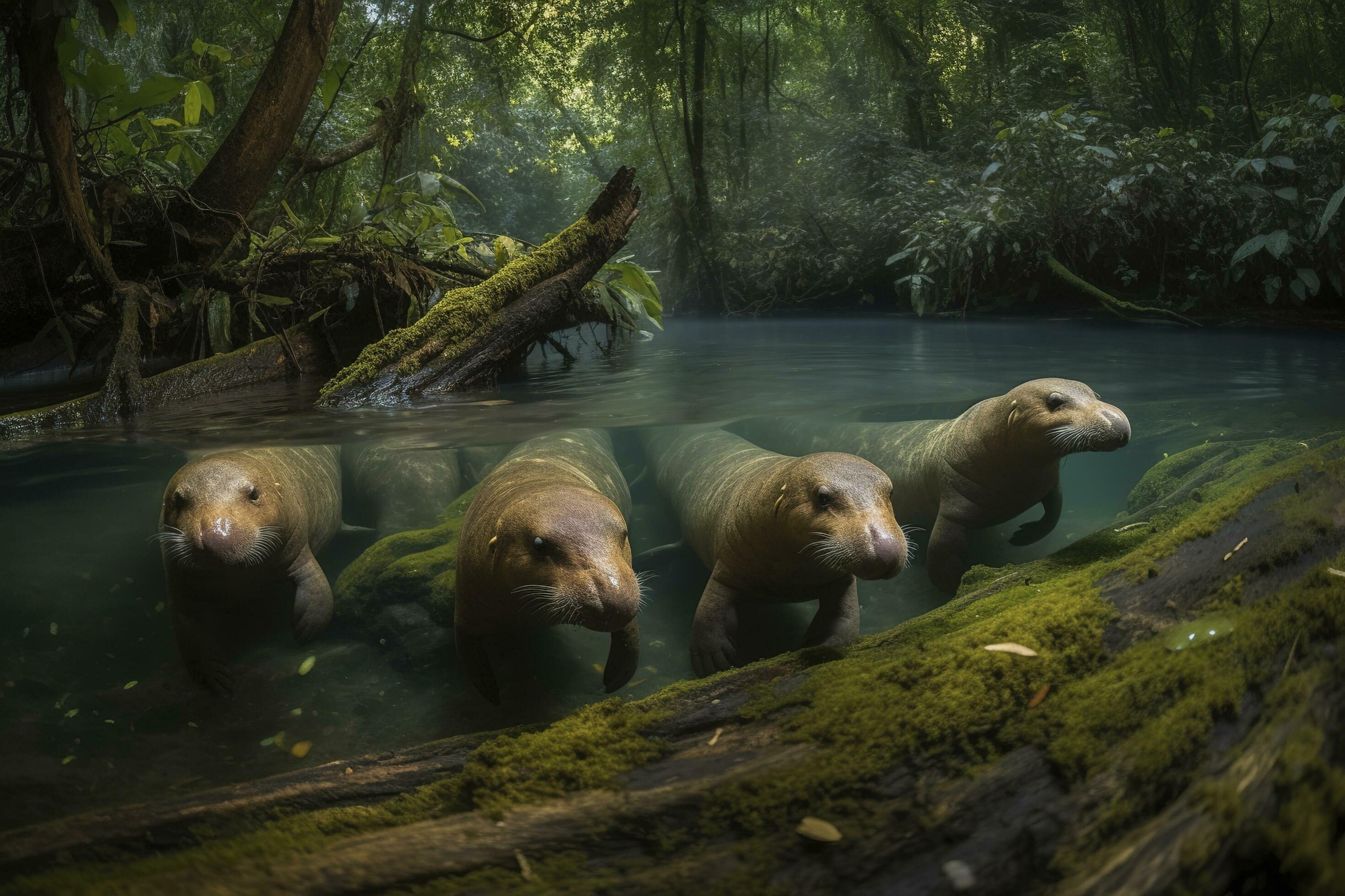 A family of platypuses swimming in a river surrounded by a dense forest, generate ai Stock Free