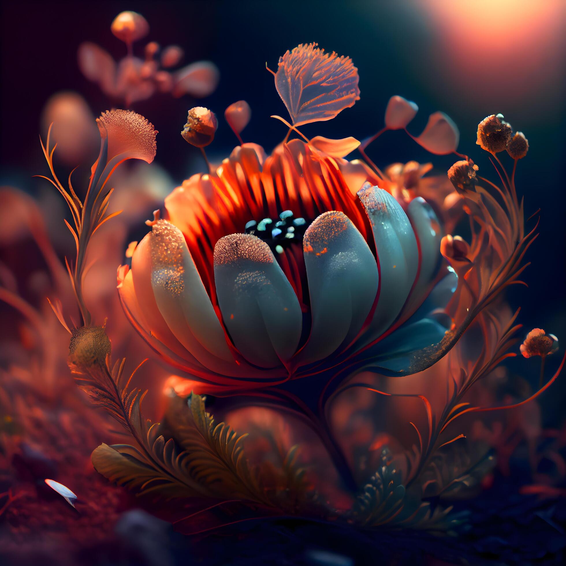 3d illustration of abstract floral composition with red flower on black background, Image Stock Free