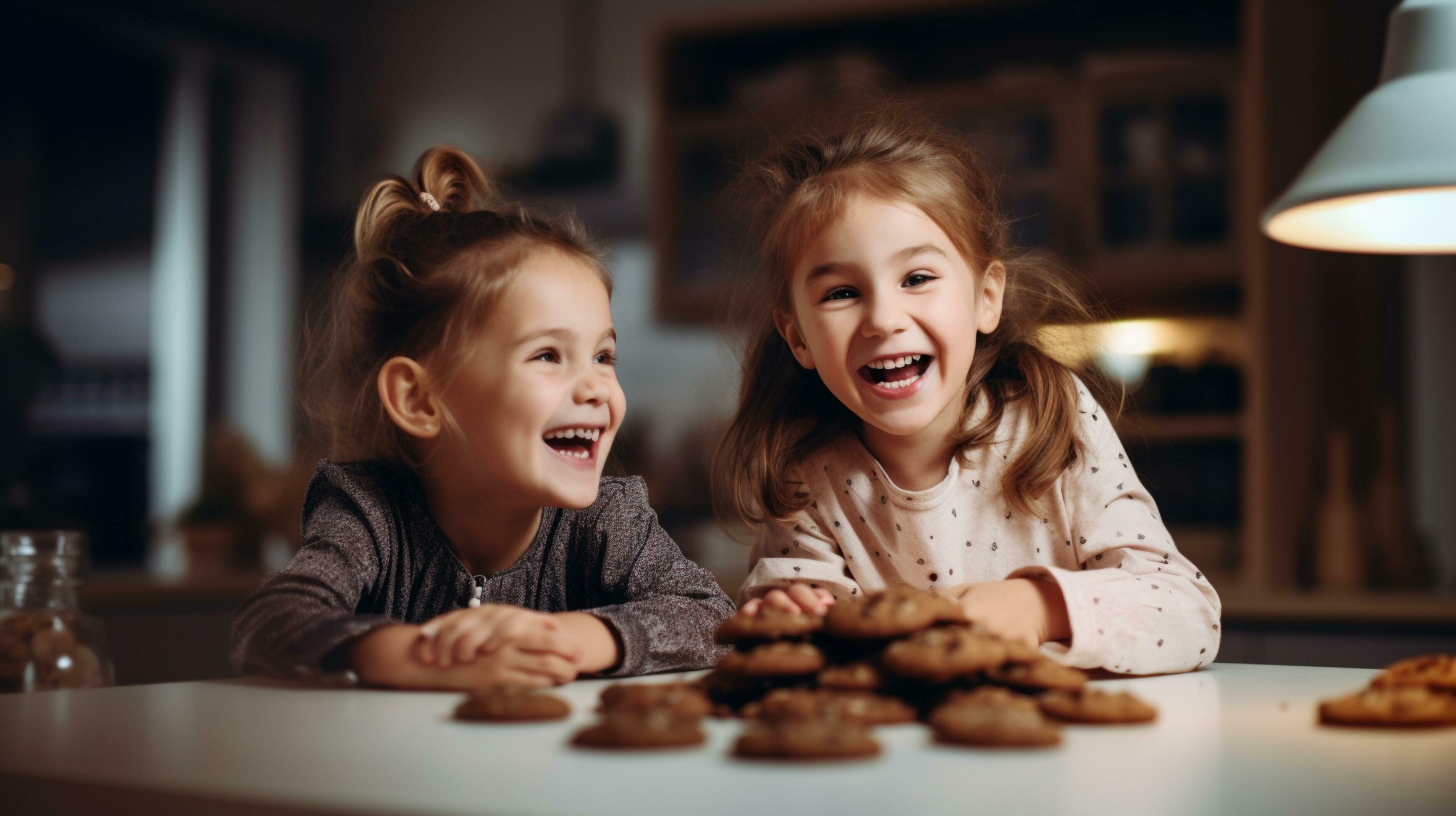 happy family funny kids bake cookies in kitchen.AI Generative Stock Free