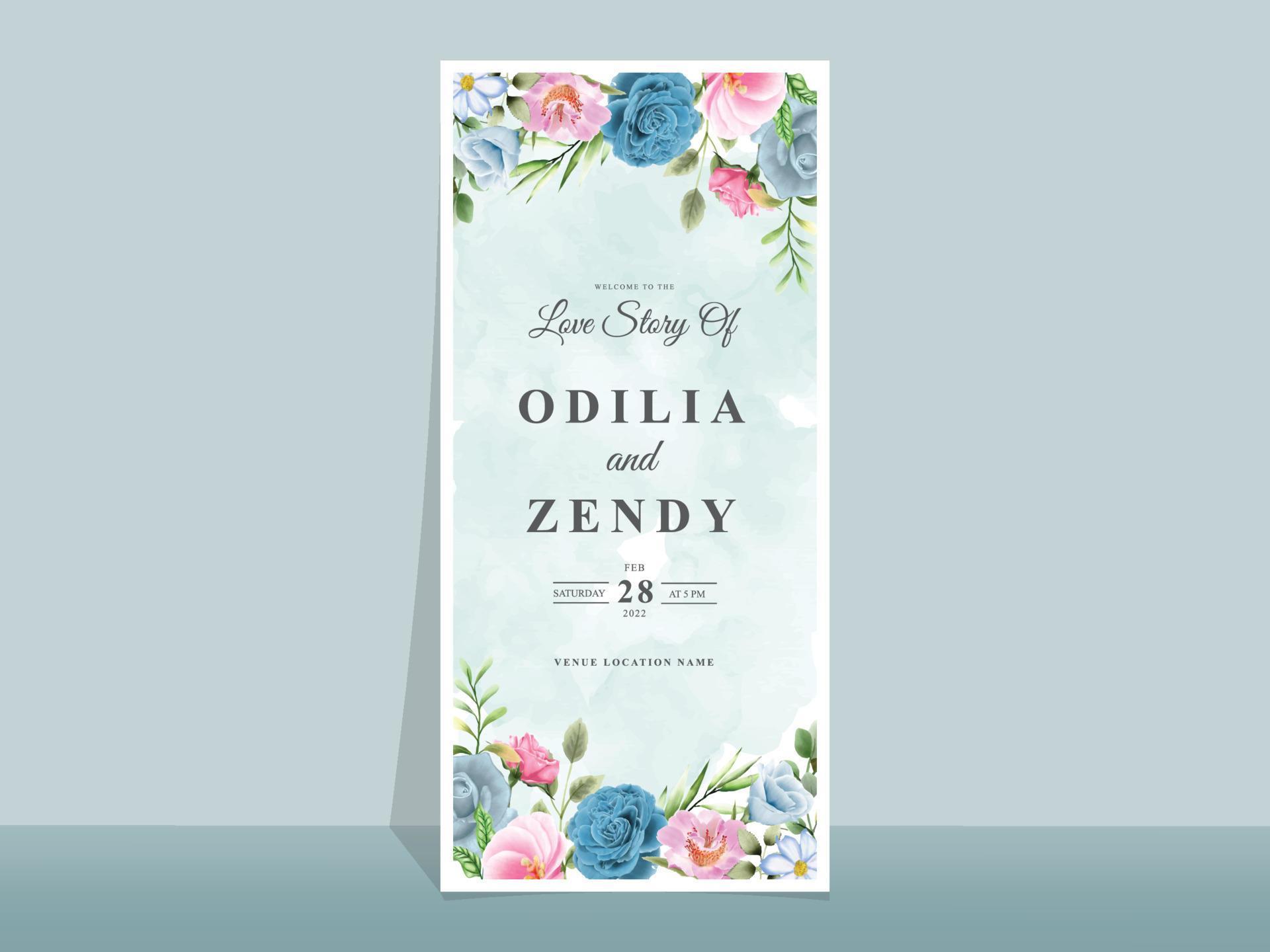 Beautiful blue and pink flowers wedding invitation card Stock Free