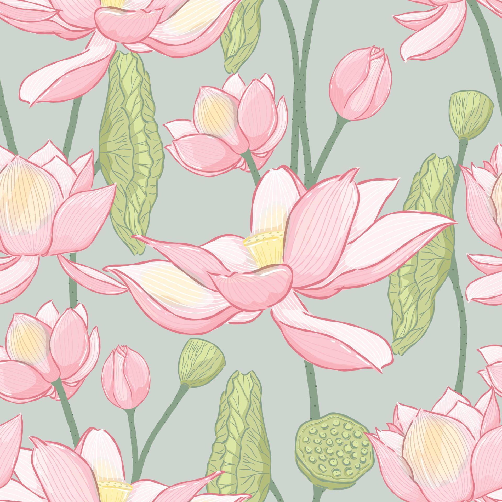 Vector hand drawn lotus flower seamless pattern Stock Free