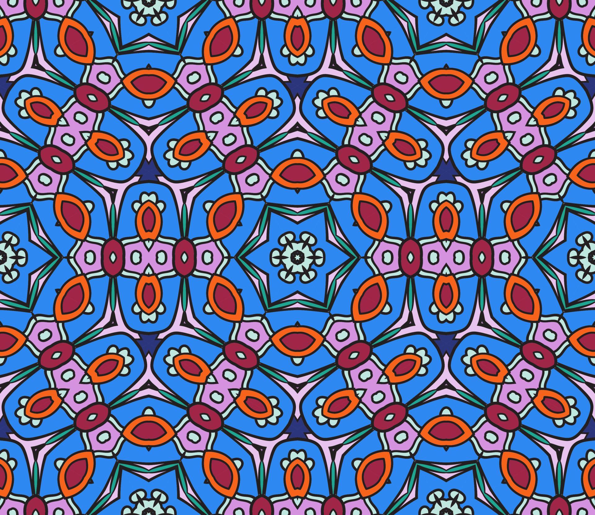 Abstract colorful doodle geometric flower seamless pattern. Floral background. Mosaic, geo tile of thin line ornament. Stock Free