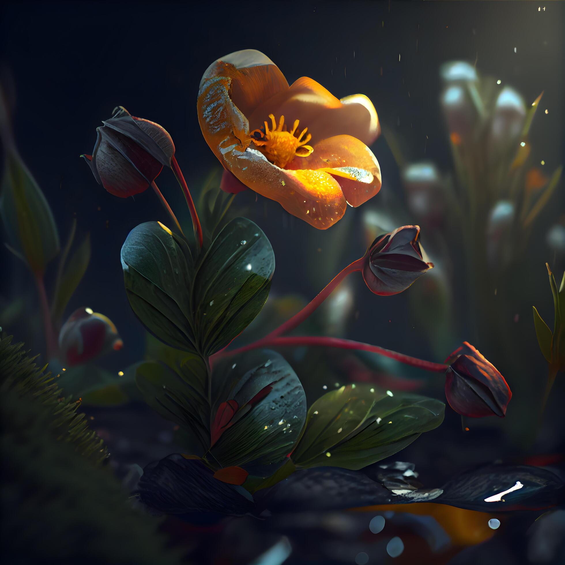 3d illustration of a fantasy flower in the dark with water drops, Image Stock Free