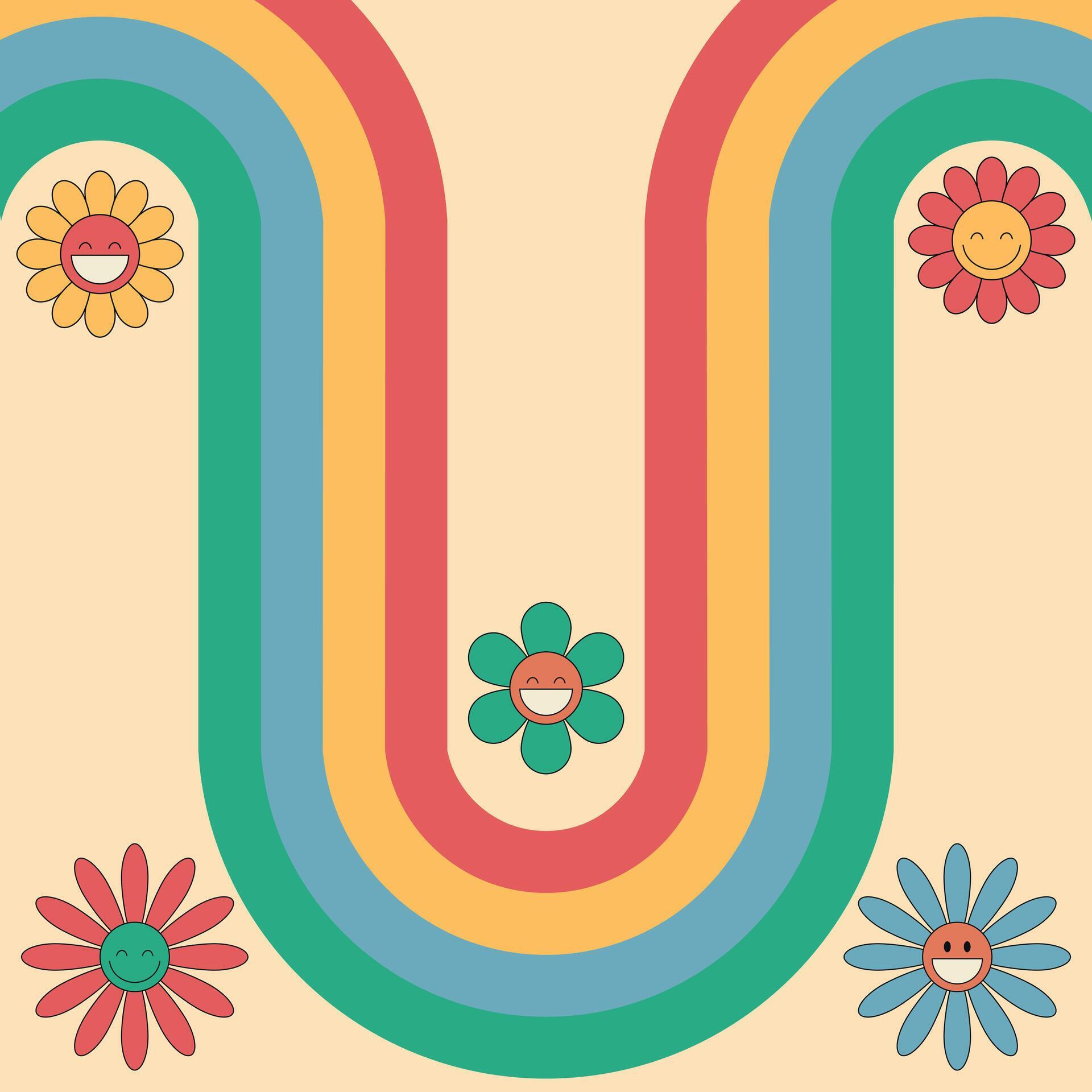 
									Groovy background with daisy flowers and rainbow. 70 s Hippie retro style. illustration Stock Free