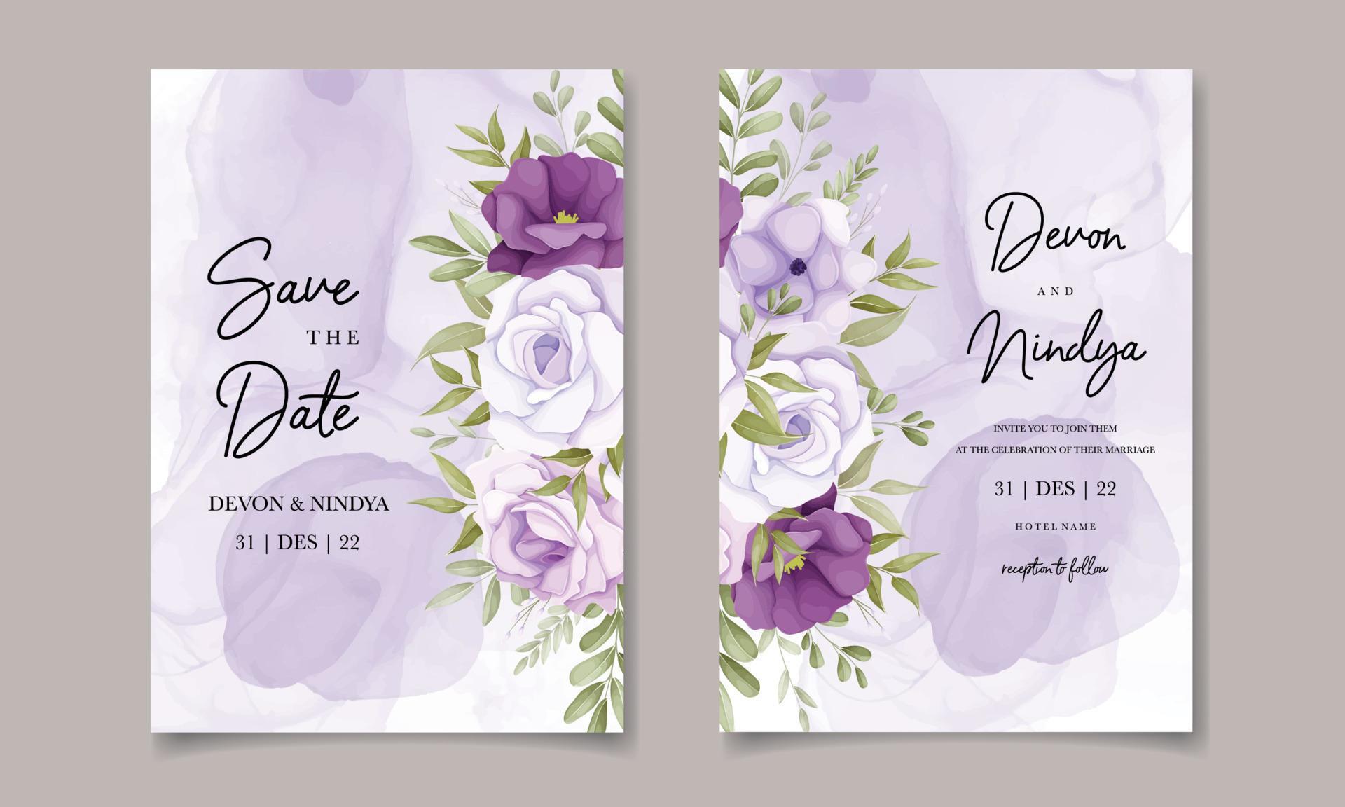 Elegant wedding invitation card with purple flower decoration Stock Free