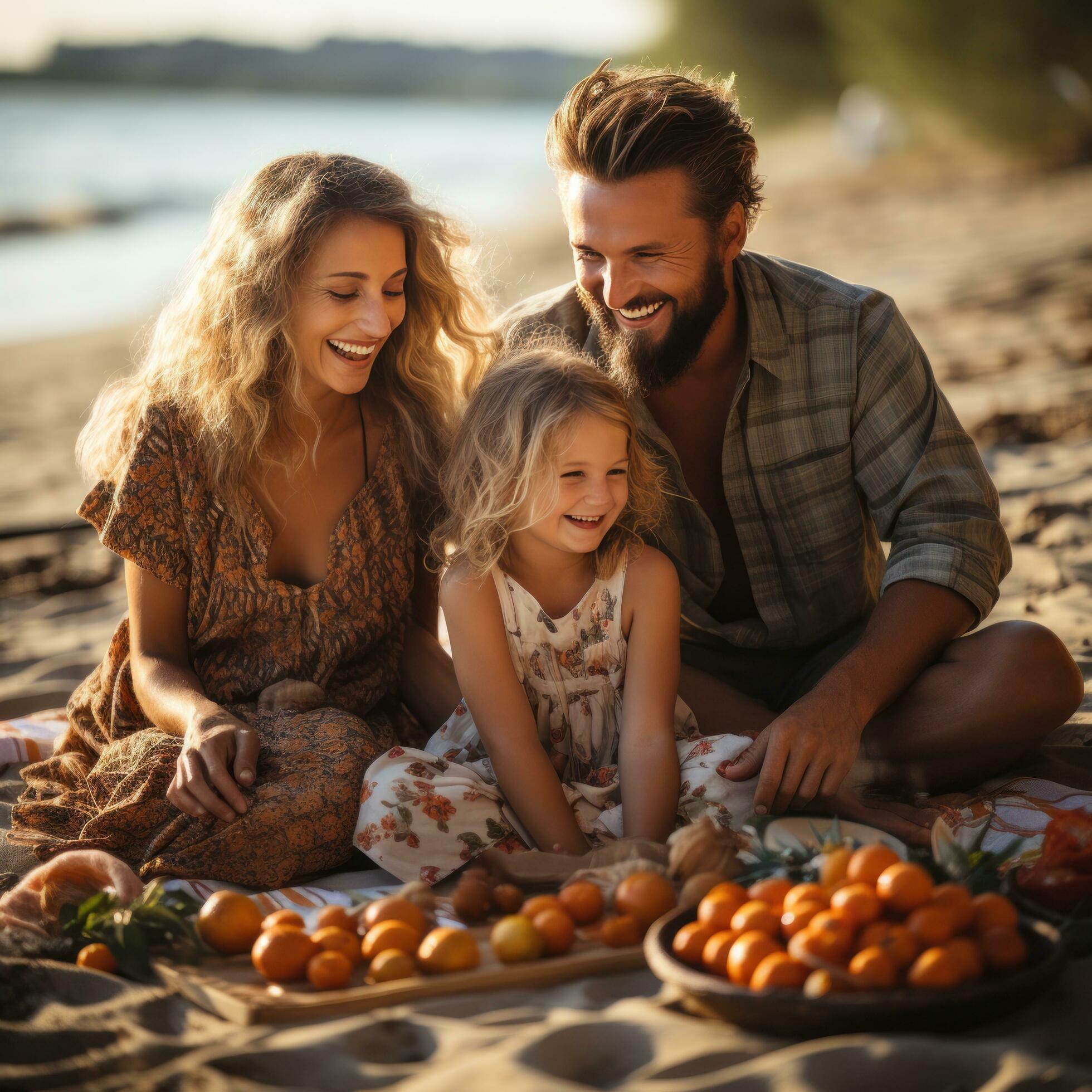 Cheerful family enjoying a picnic on the sandy shore Stock Free