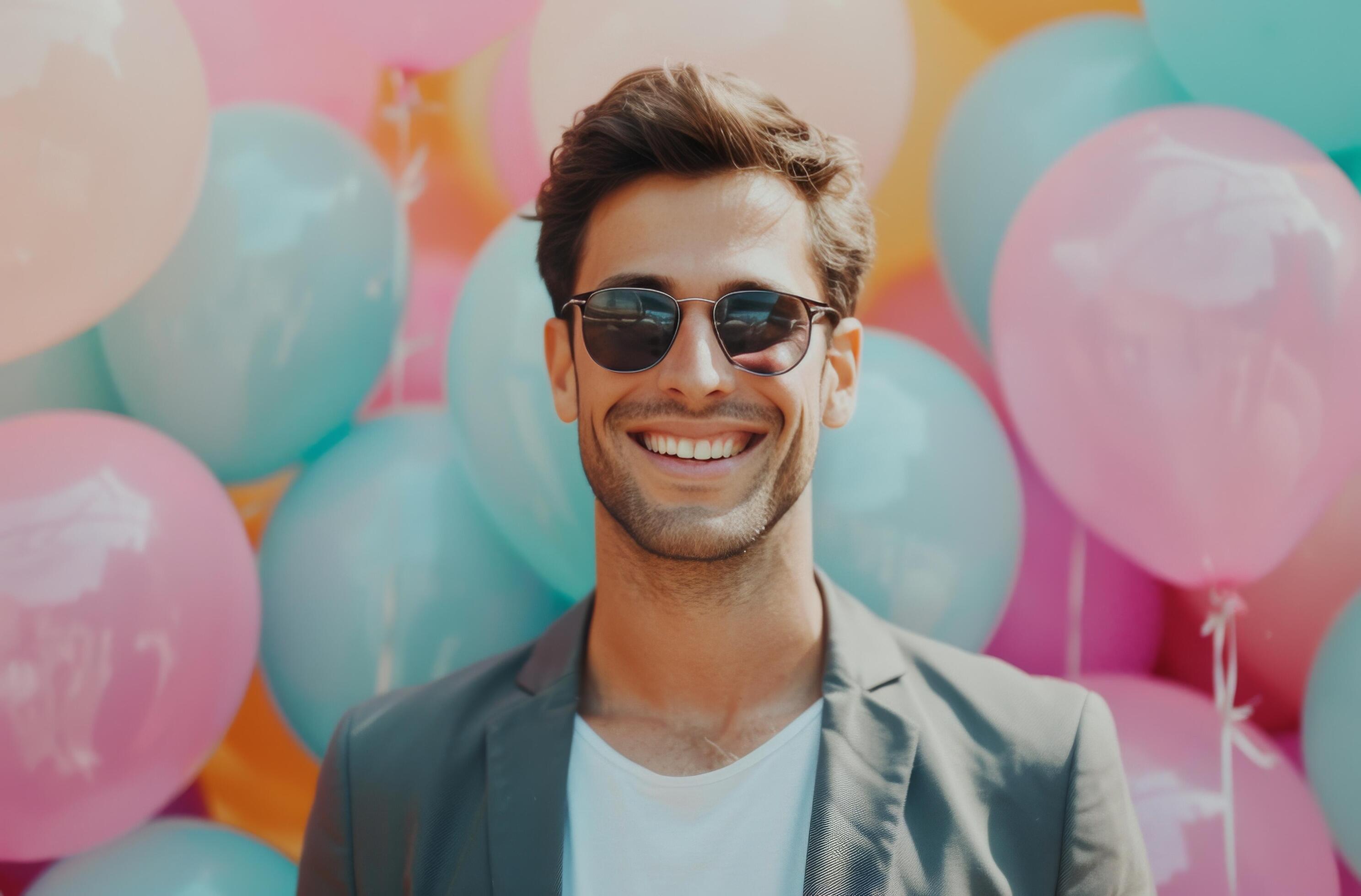 Young Man Smiling in Sunglasses With Colorful Balloons on a Pink Background Stock Free