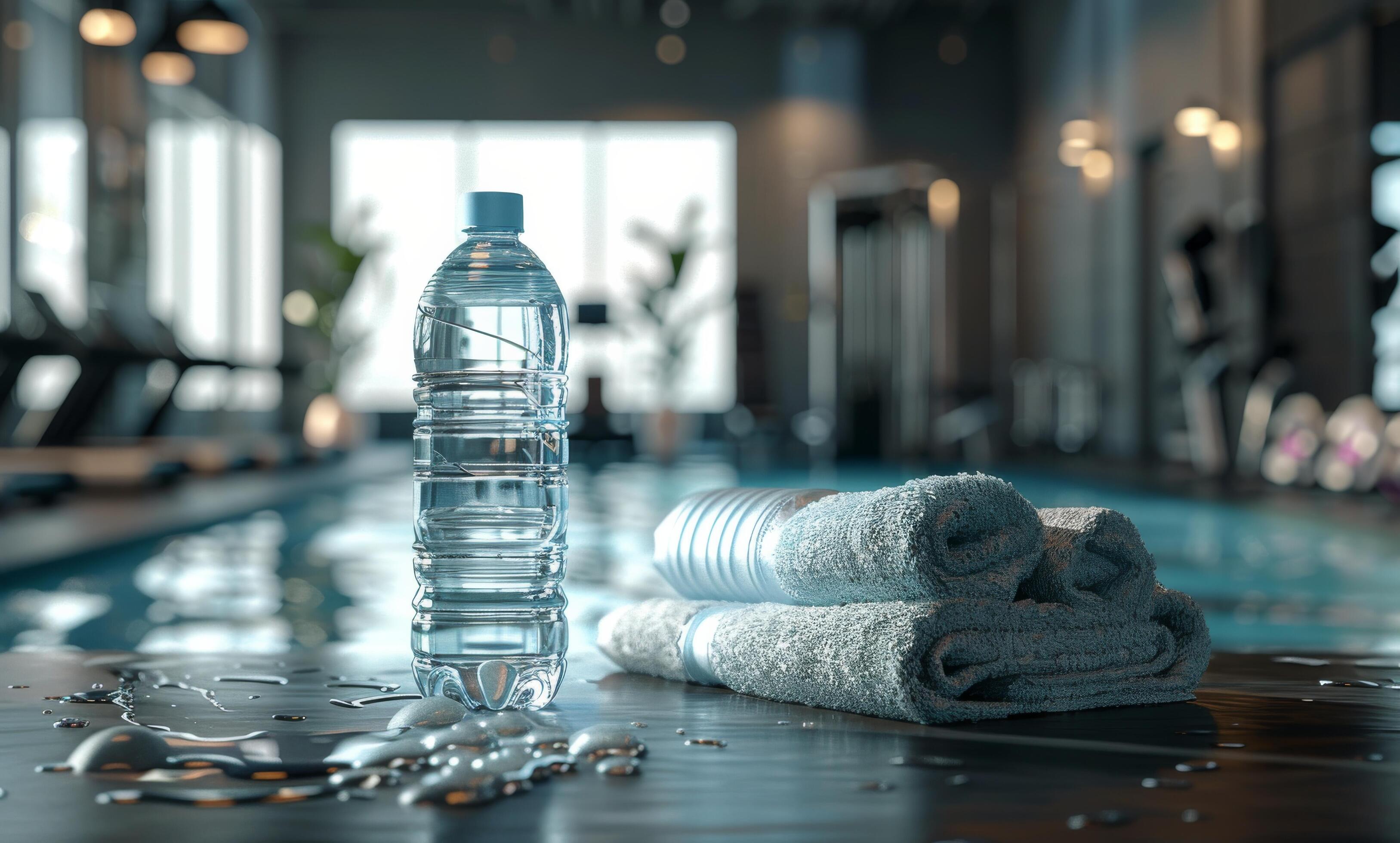 Water Bottle and Towels Resting by Poolside in Fitness Center Stock Free