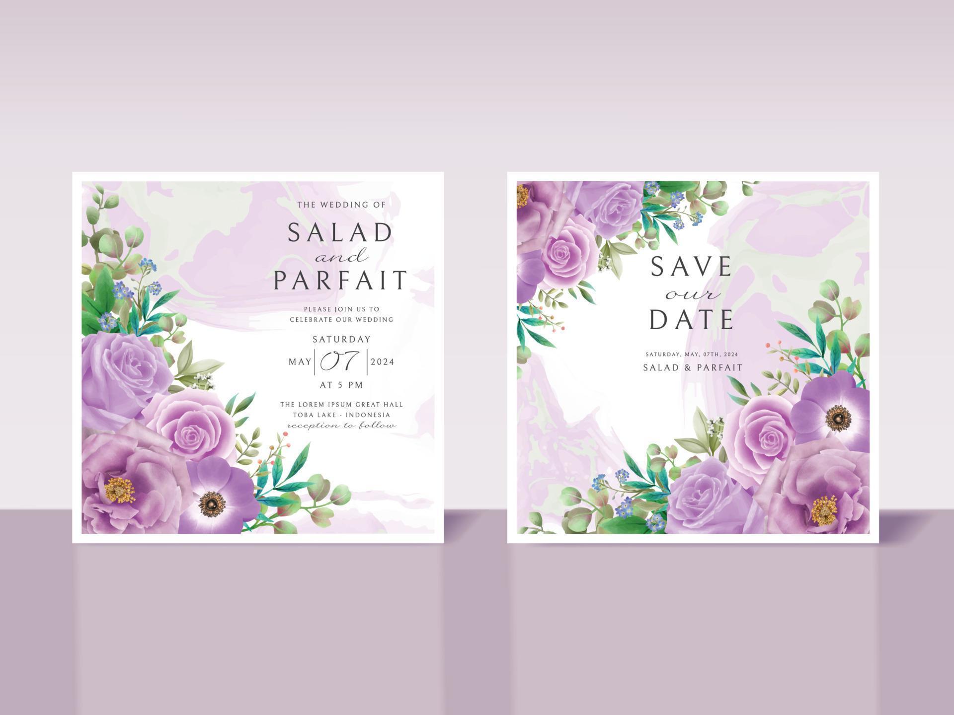 Wedding invitation card template with purple flowers Stock Free