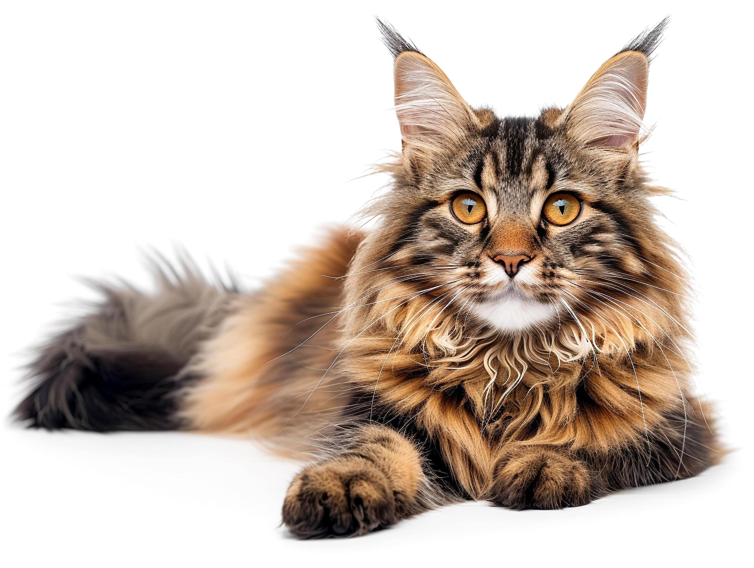 Portrait of a Maine Coon cat full body against a white background. Stock Free