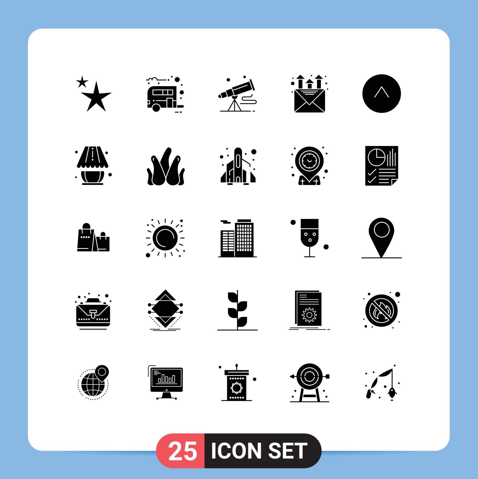 Universal Icon Symbols Group of 25 Modern Solid Glyphs of up arrow spyglass promotion mail Editable Vector Design Elements Stock Free and Free SVG