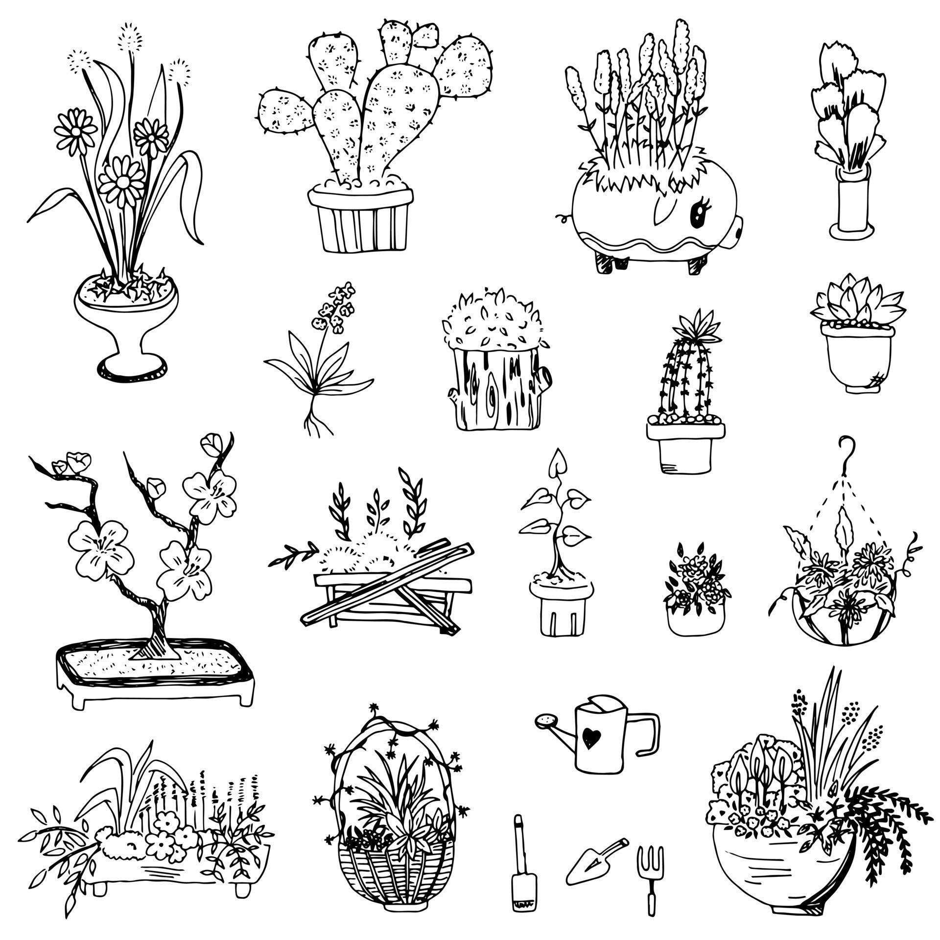 Flower and plants in flowerpot doodle Stock Free and Free SVG