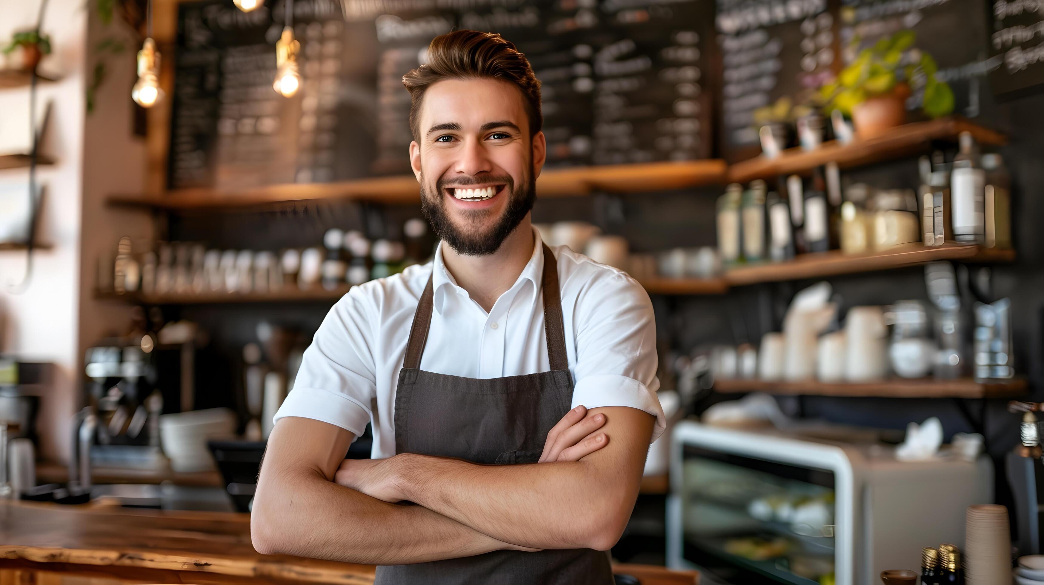 
									Proud Young Proprietor Confidently Operating His Cafe Establishment Stock Free