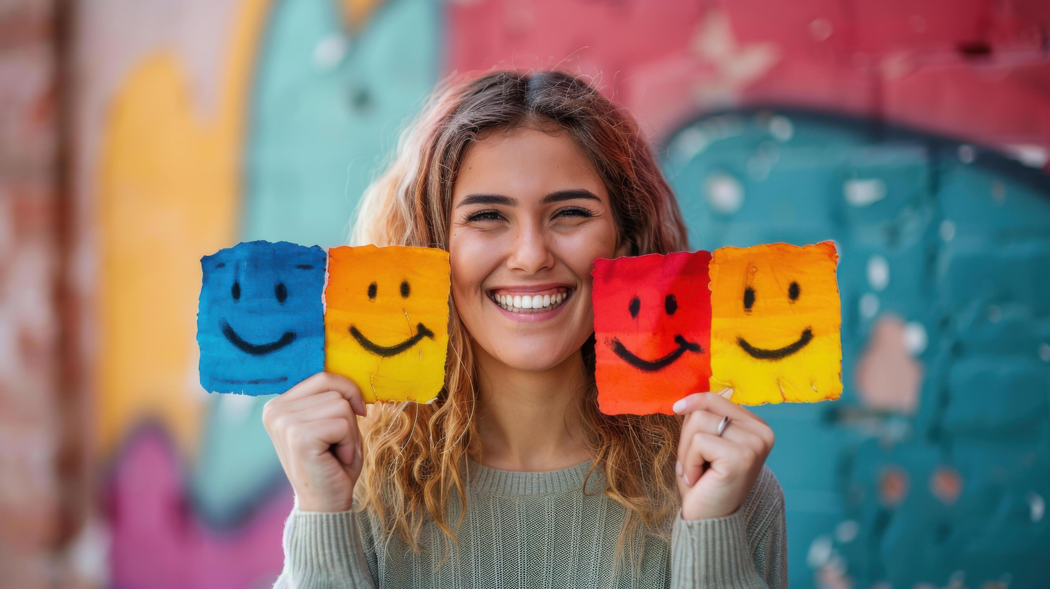 Smiling woman holding colorful paper squares with happy faces, standing against a vibrant graffiti wall background. Stock Free