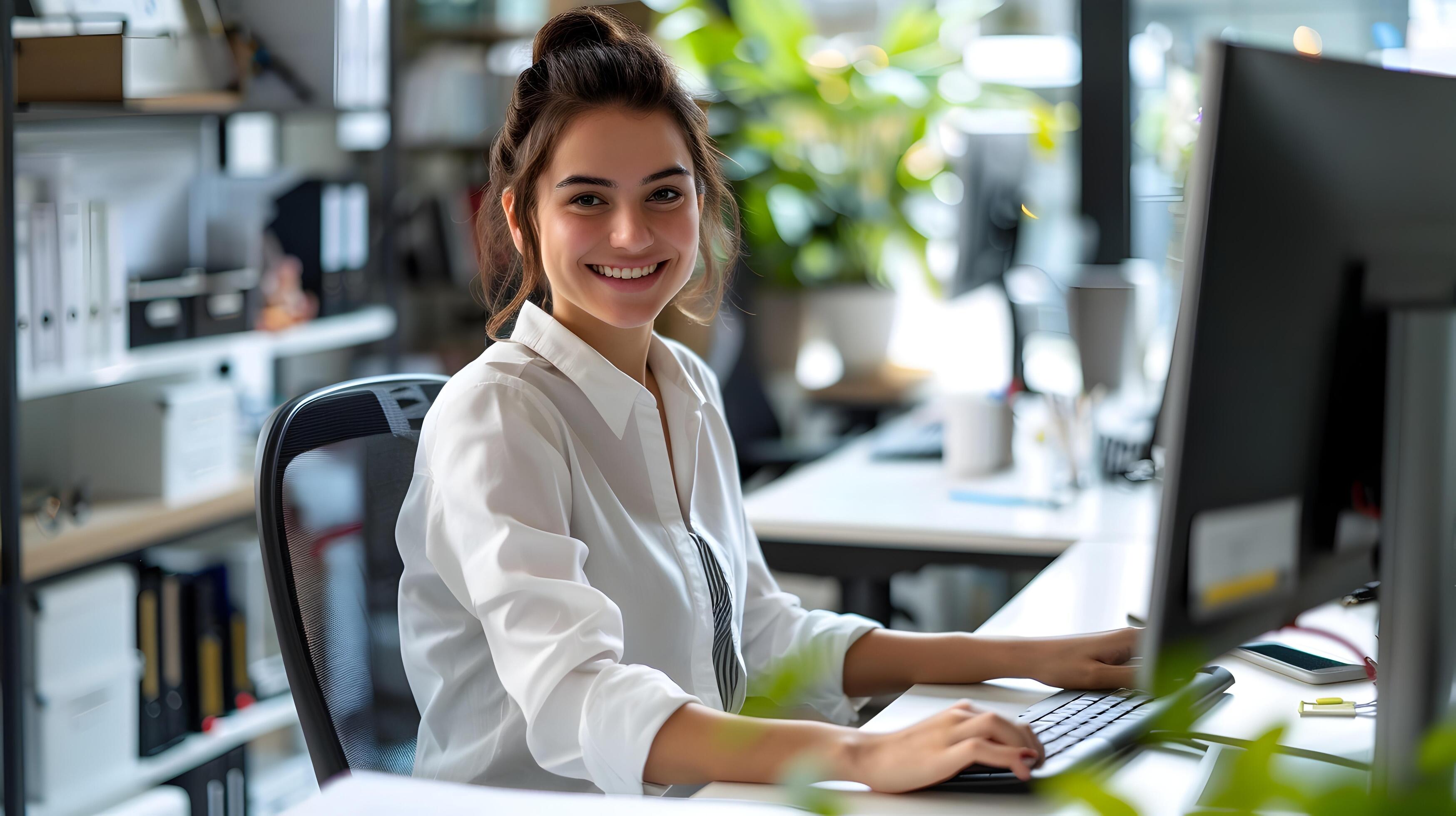 Happy Young Professional Woman Working Diligently at Her Desk in a Modern Office Environment Stock Free