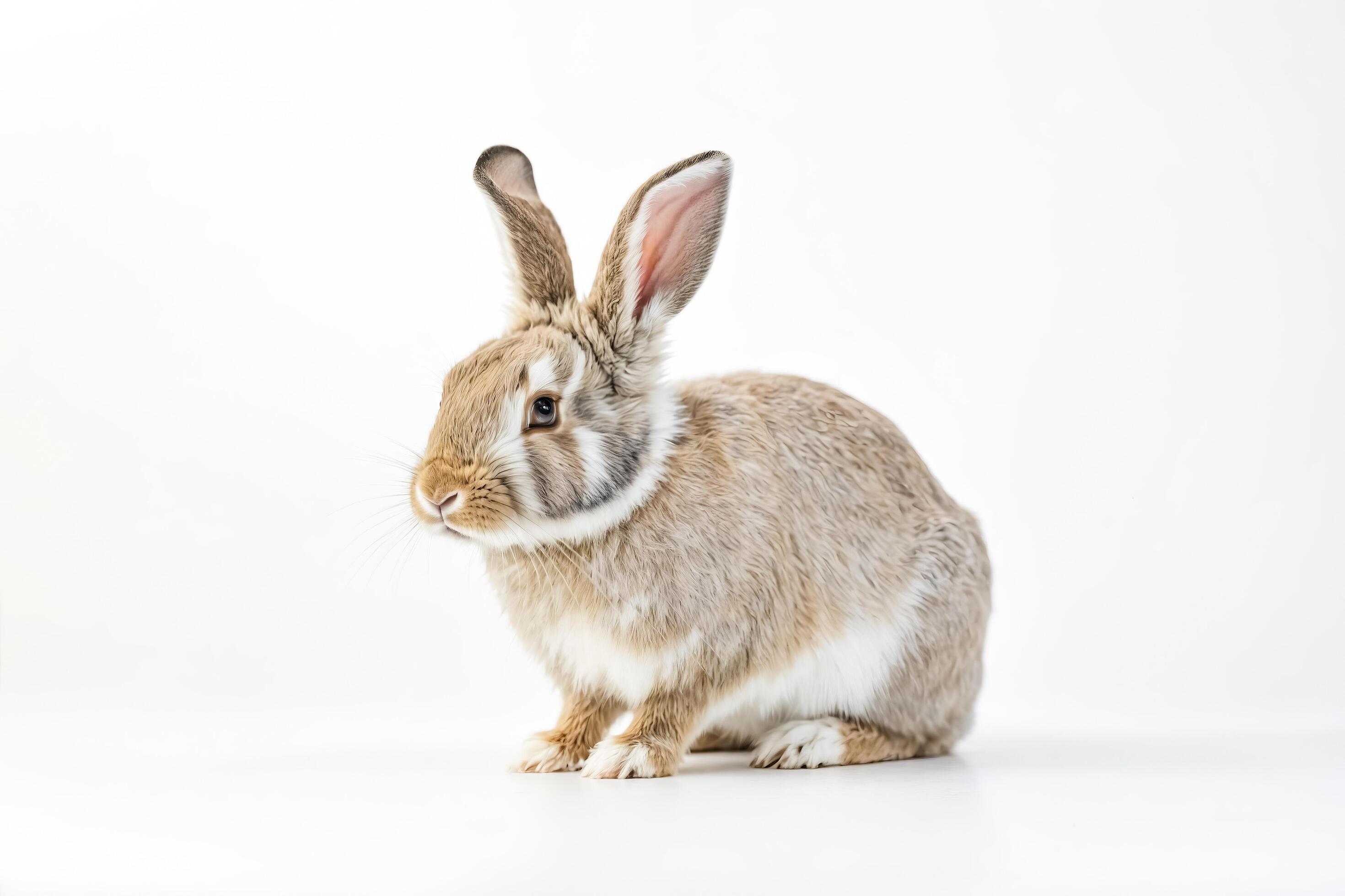 Cute bunny rabbit with fluffy ears sitting on a white background Stock Free