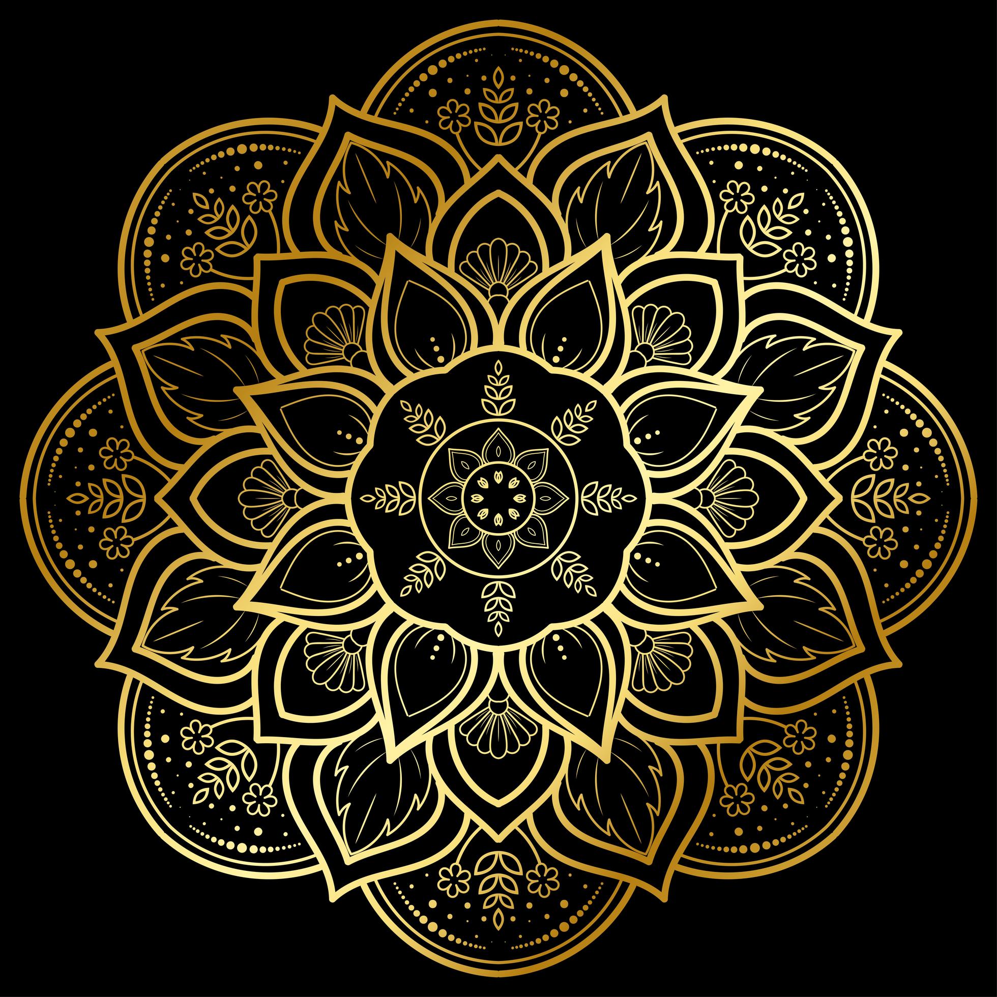 Circular golden flower mandala on black Stock Free