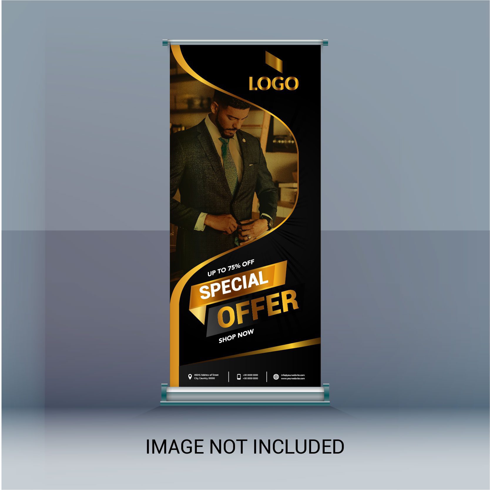 Roll Up Banner with Golden Swirl Frame for Image Free Vector