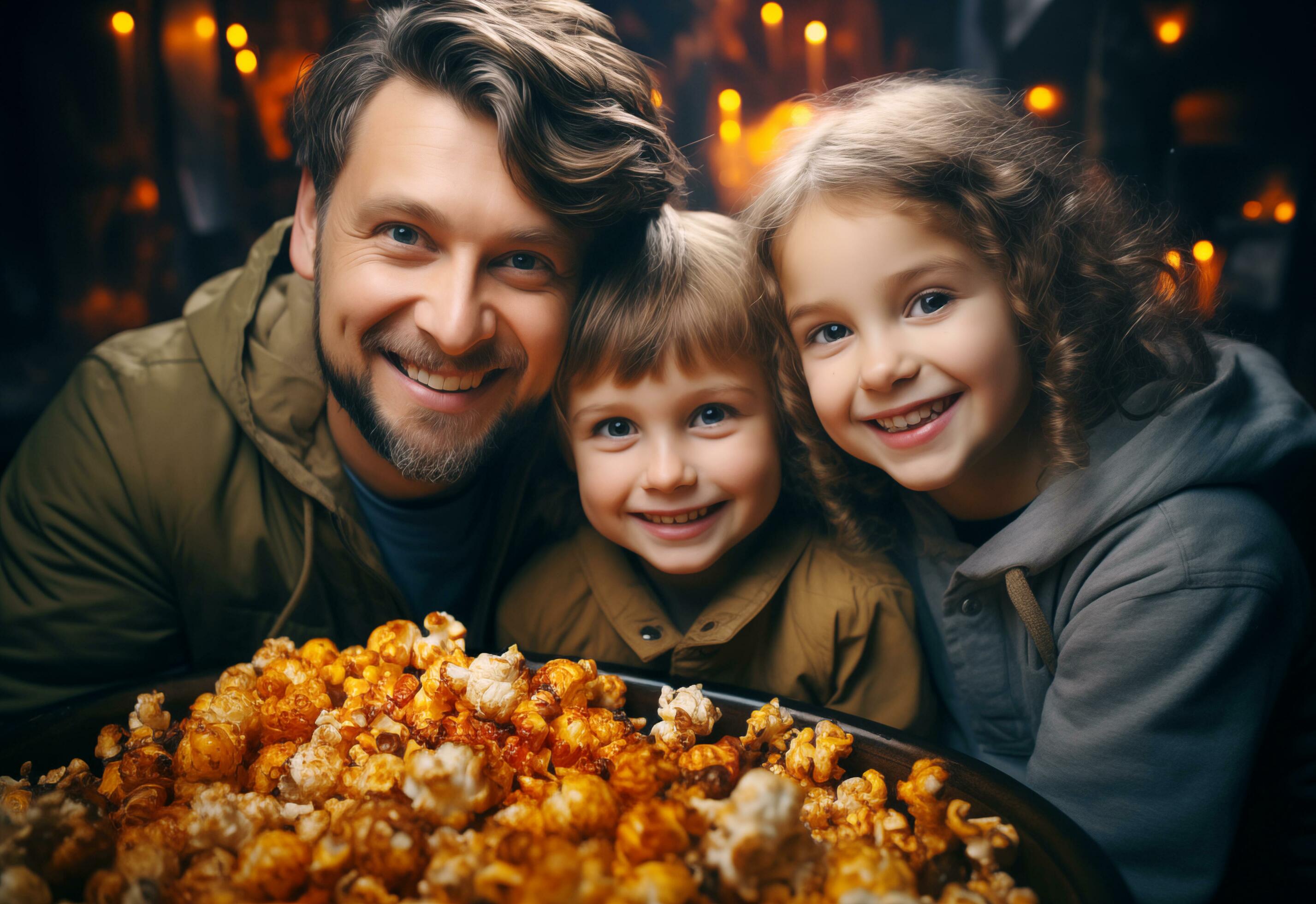 Father with sister daughter and cute son with popcorn for watching movie in cinema theater. Family and children love. AI Generated Stock Free