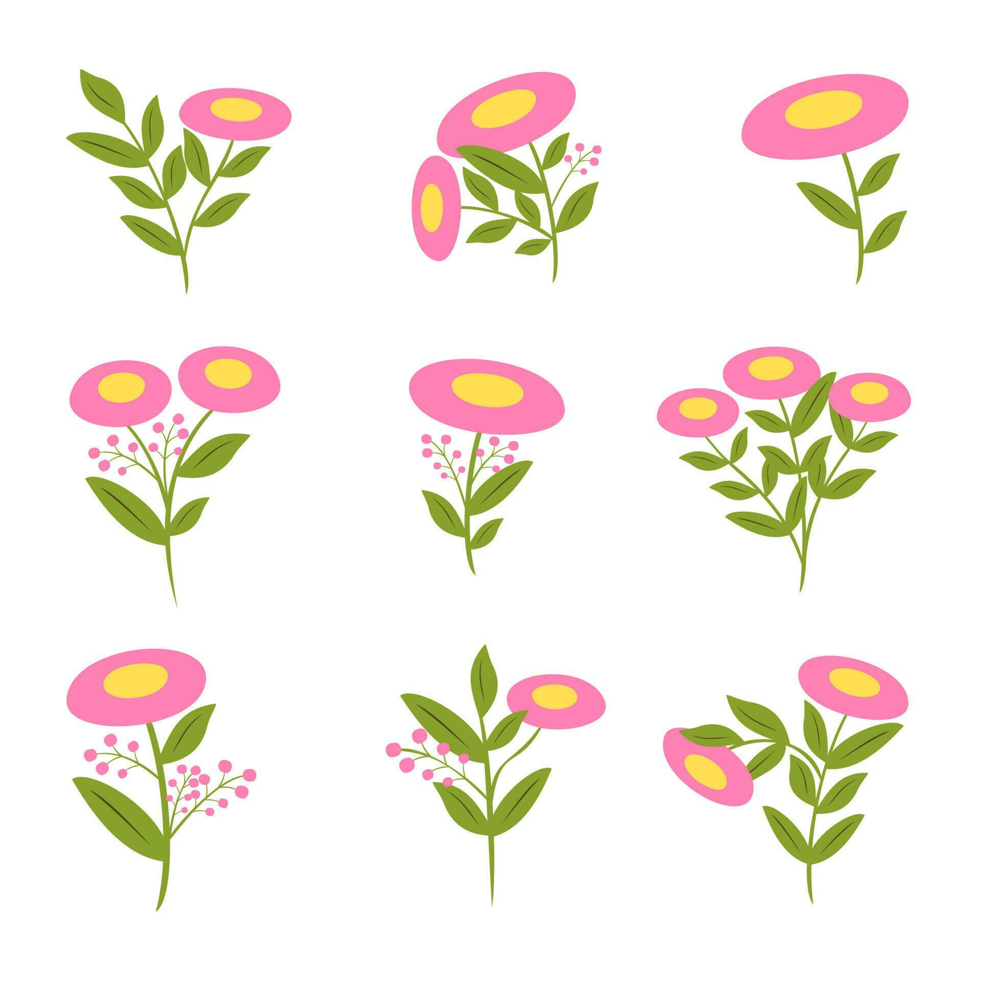 Pink Flowers and green leaves set, vector Illustration. Stock Free and Free SVG