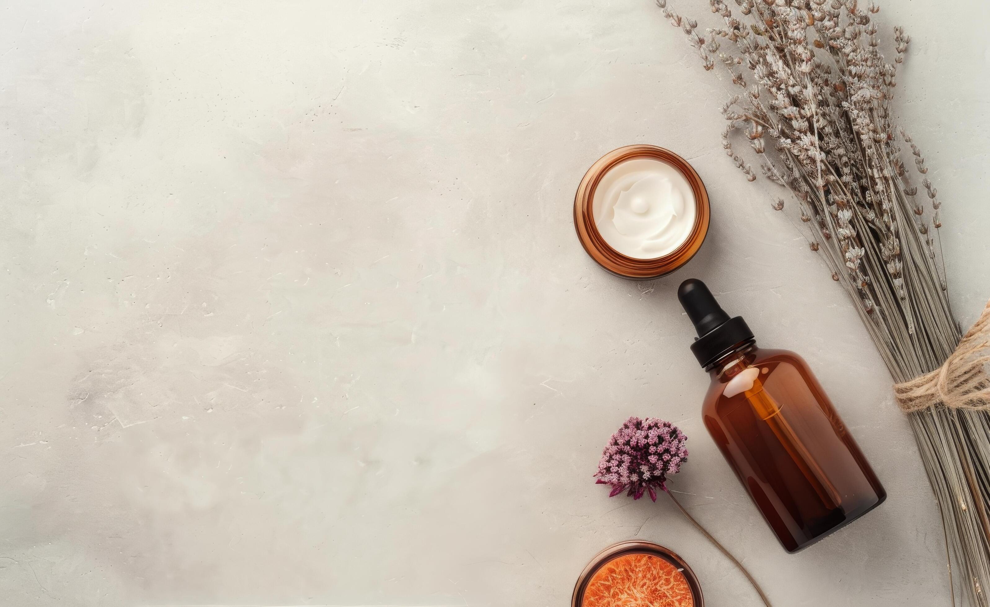 Brown Bottles And Dried Flowers On White Background Stock Free