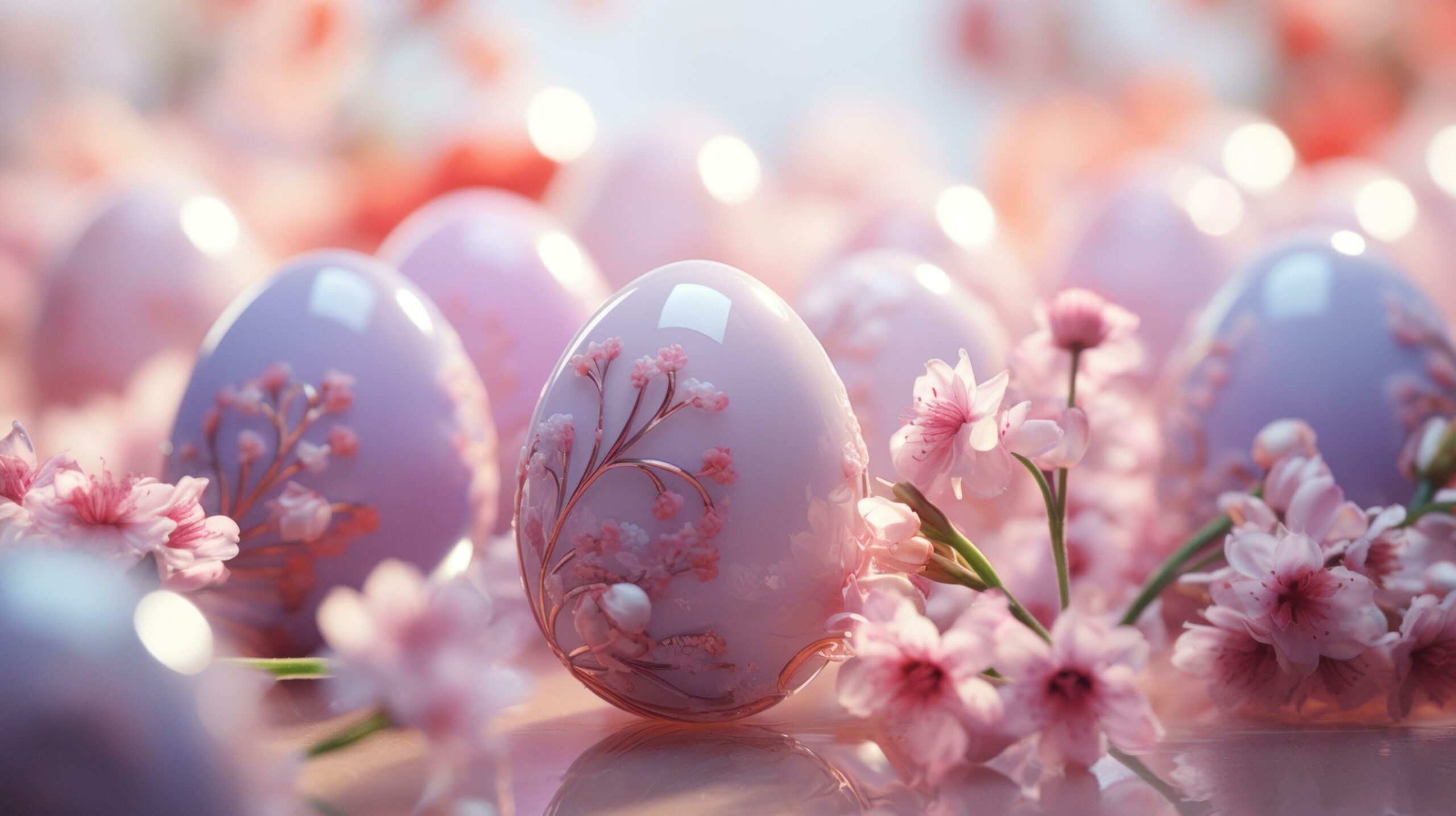 colorful easter eggs sitting around the flowers, Free Photo