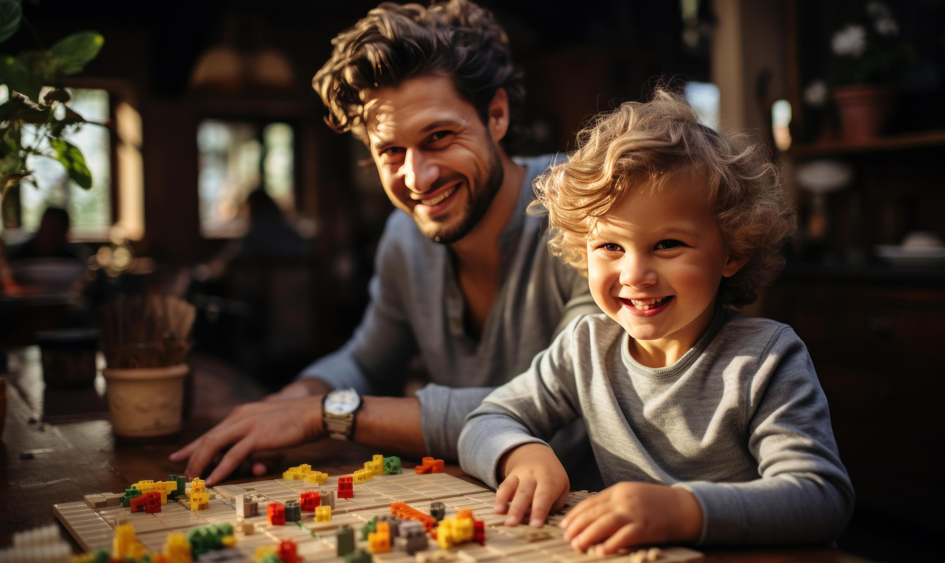 AI generated happy family man with his son playing on the table Stock Free