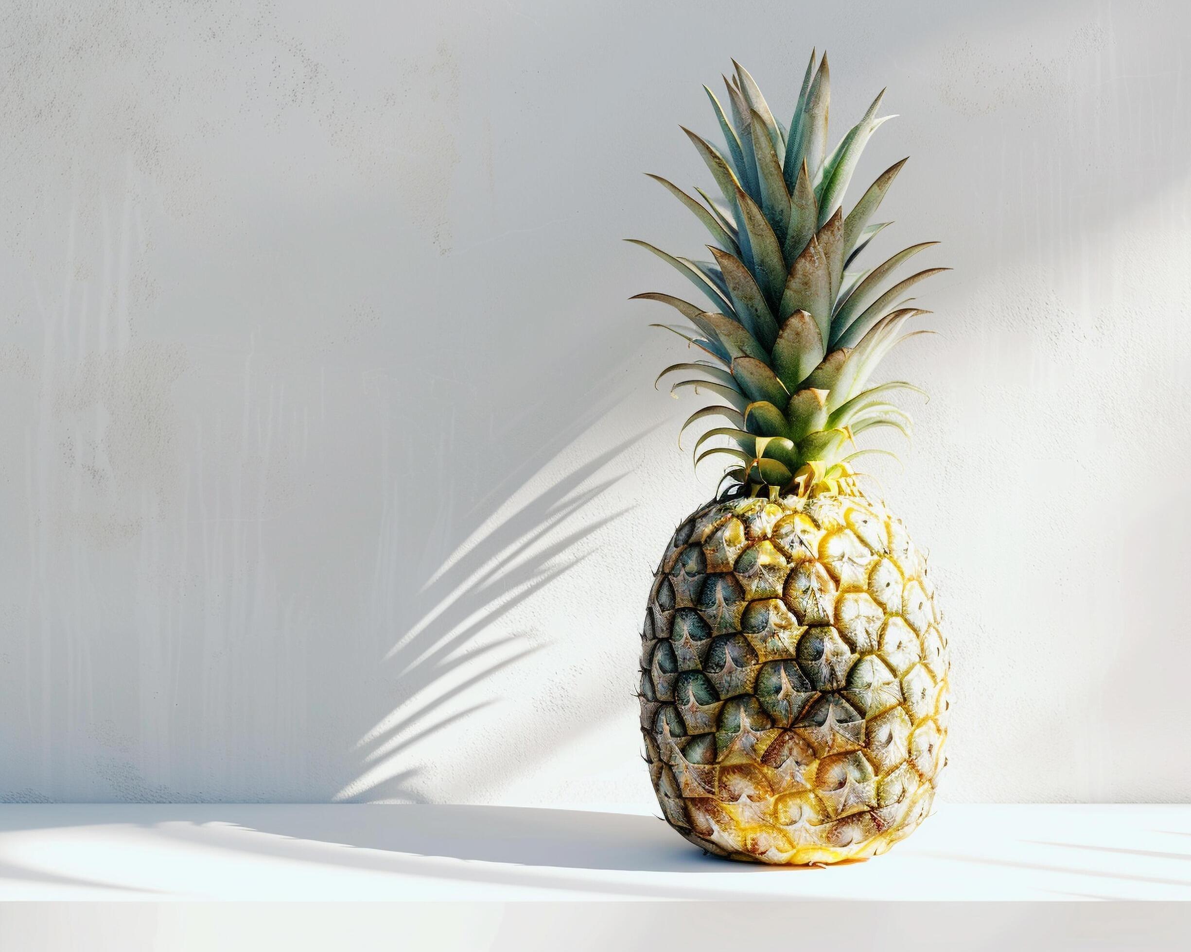 a pineapple is sitting on a table in front of a white wall Stock Free