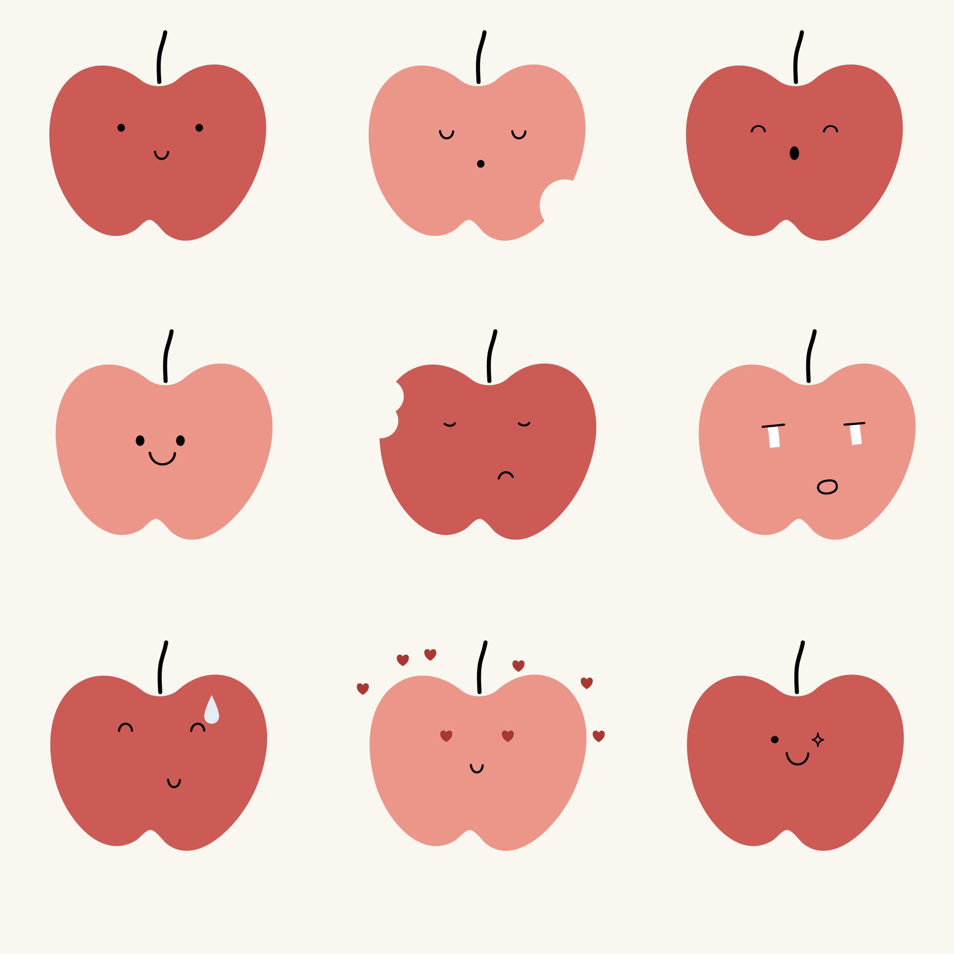 A set of cute hand drawn apple with face expression character pattern. Cute fruit face expression Character. Pastel background Free Vector