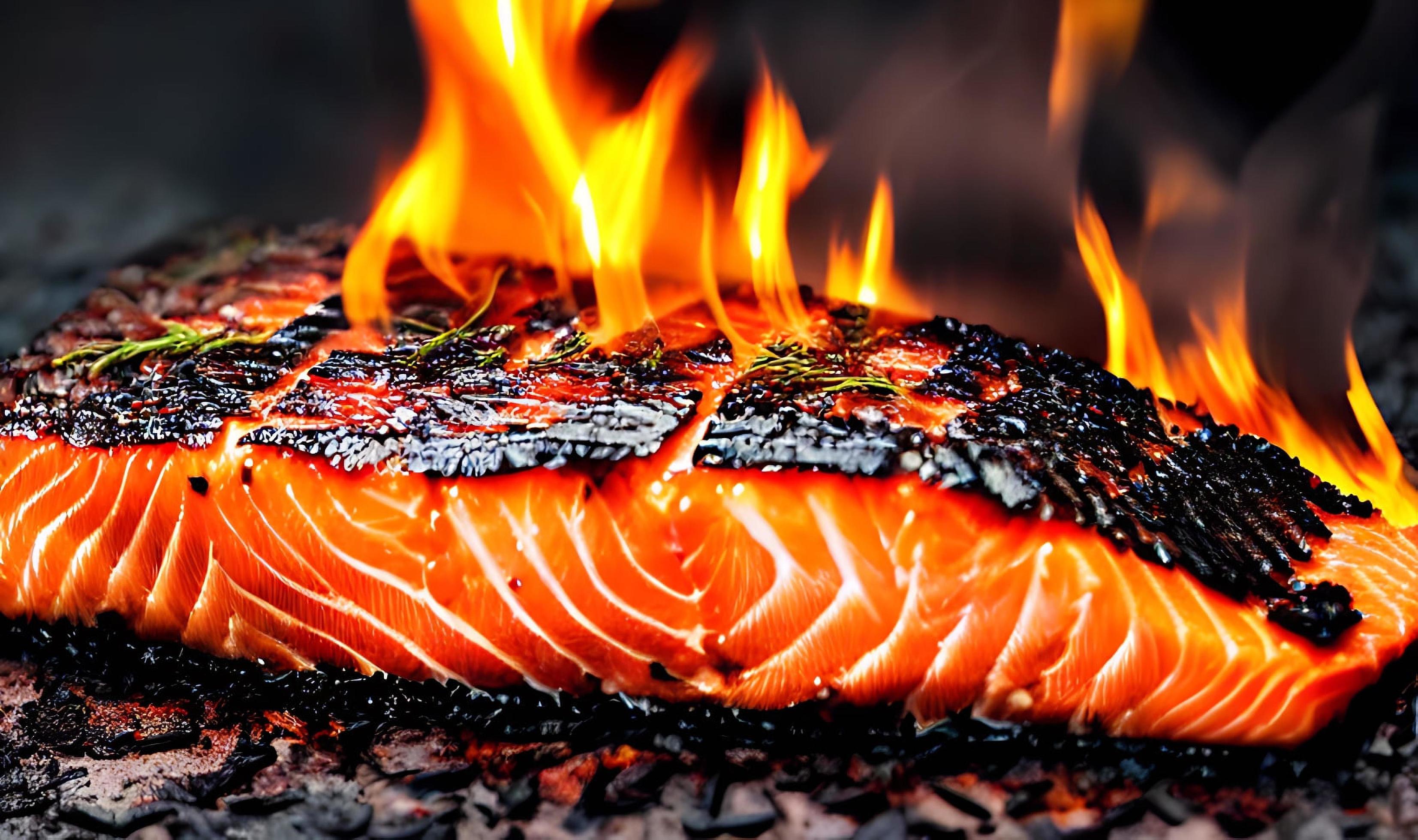 Grilled salmon. Healthy food baked salmon. Hot fish dish. Stock Free