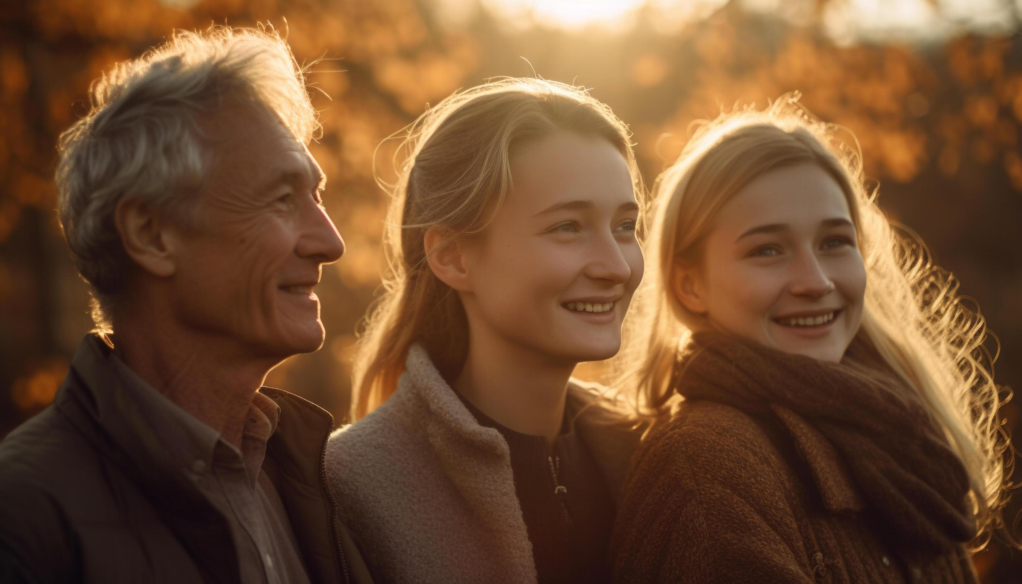 A happy family embraces in nature, smiling and carefree generated by AI Stock Free