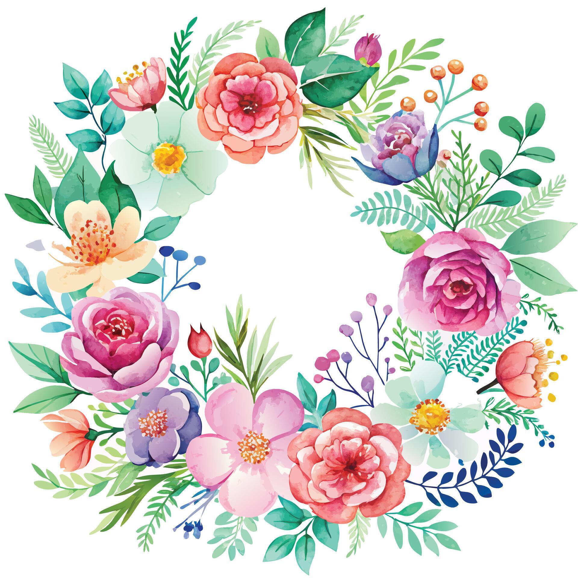 Watercolor floral wreath with flowers and leaves. Hand drawn vector illustration. Stock Free