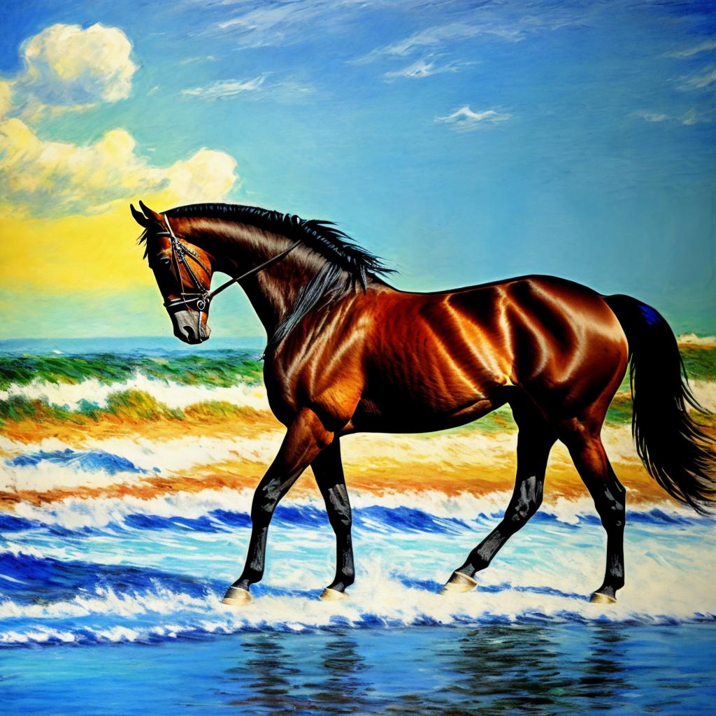 Tamed horse Sunny beach,Highly by @ai_generated