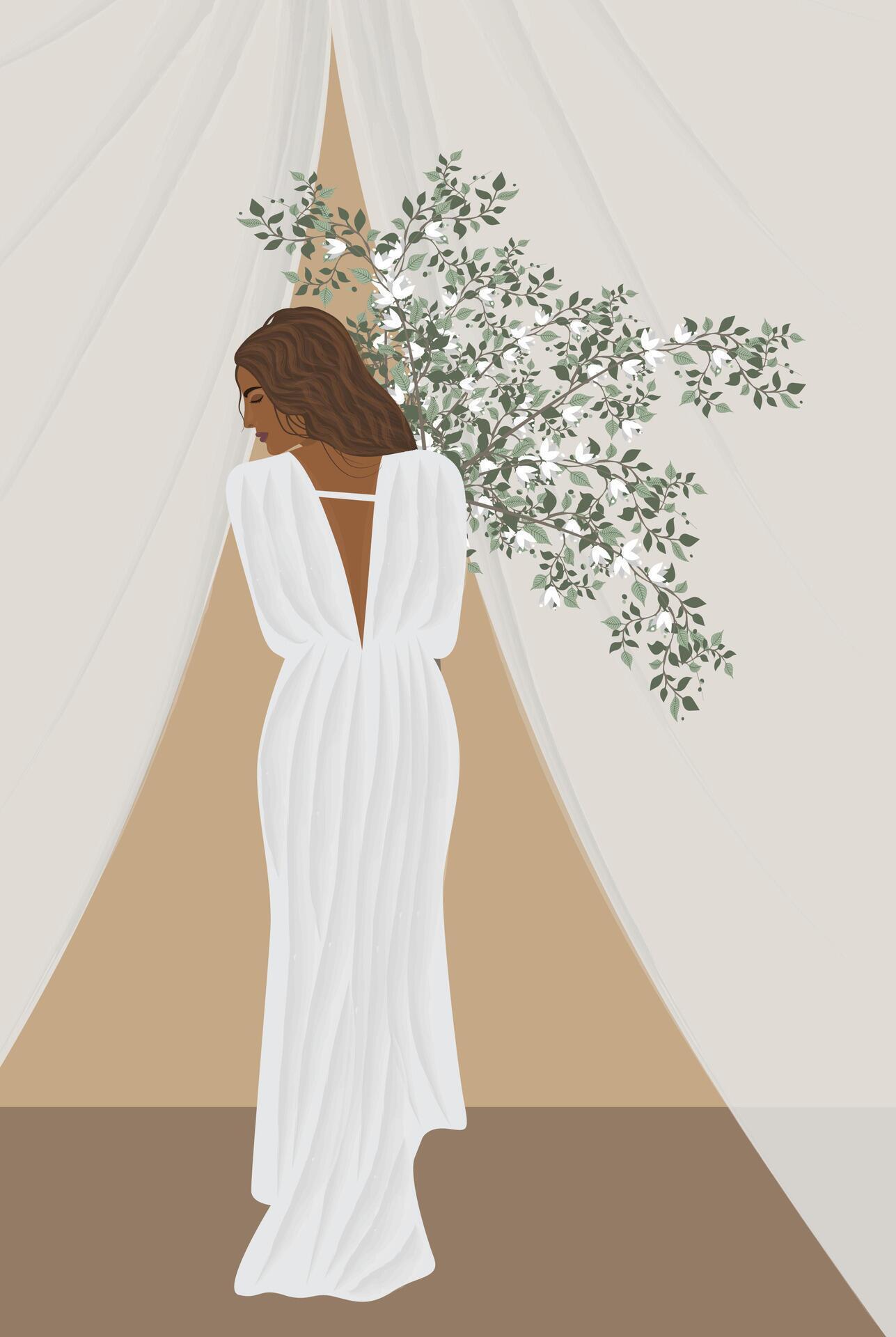 Vector illustration portrait of a beautiful woman bride model girl in a white evening summer dress posing with a large bouquet of flowers in her hands Stock Free