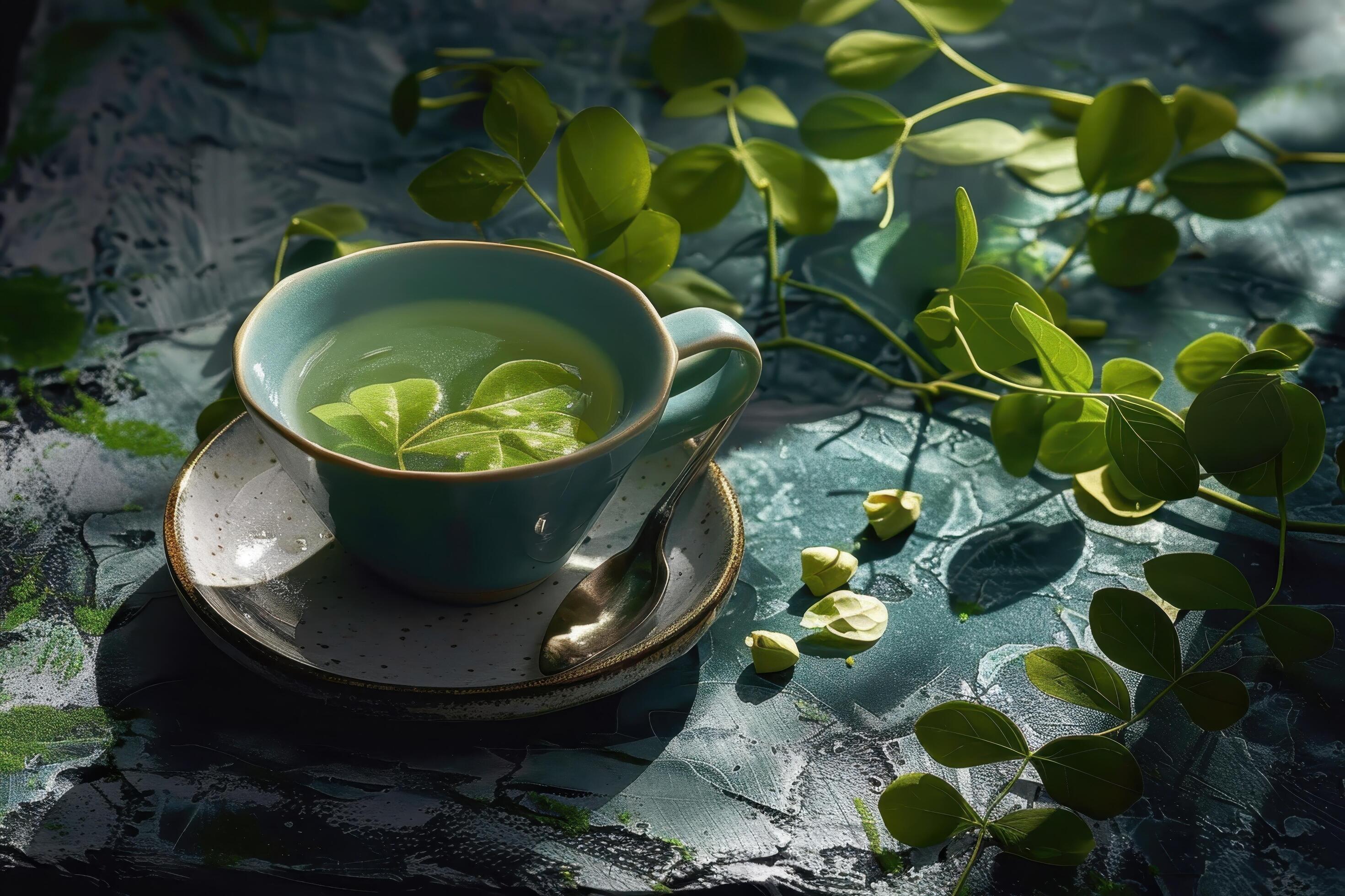 A Green Tea Cup with Leaves and Flowers on a Blue Background Stock Free