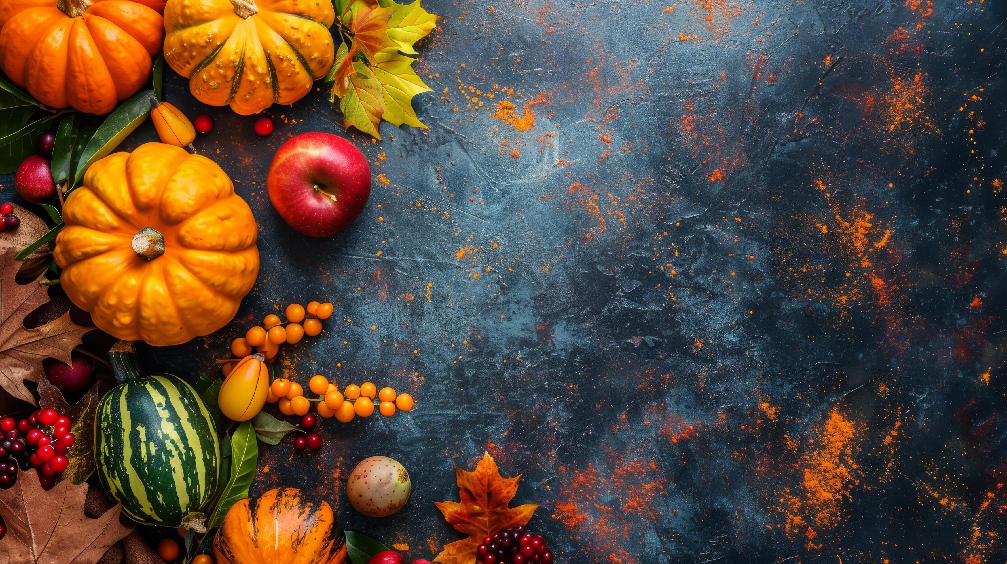 Autumn Leaves and Pumpkins on Orange Background Stock Free