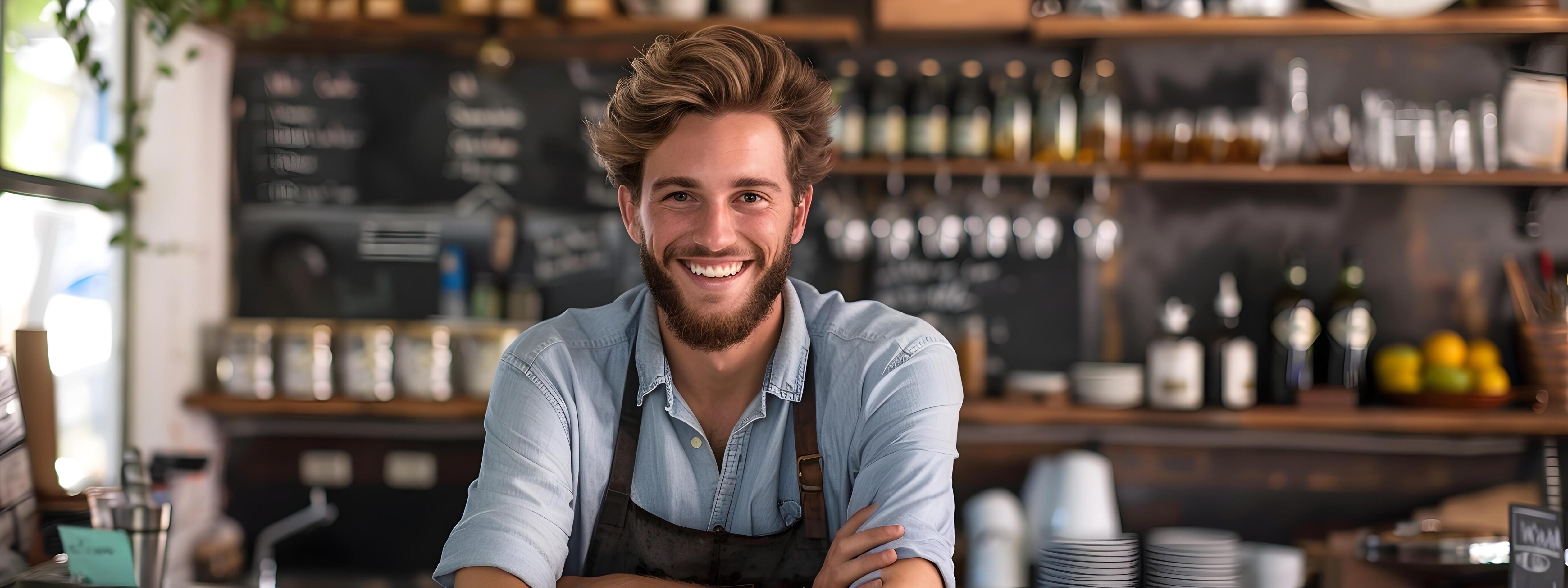 Cheerful Young Cafe Owner Proudly Welcoming Customers in His Cozy Establishment Stock Free