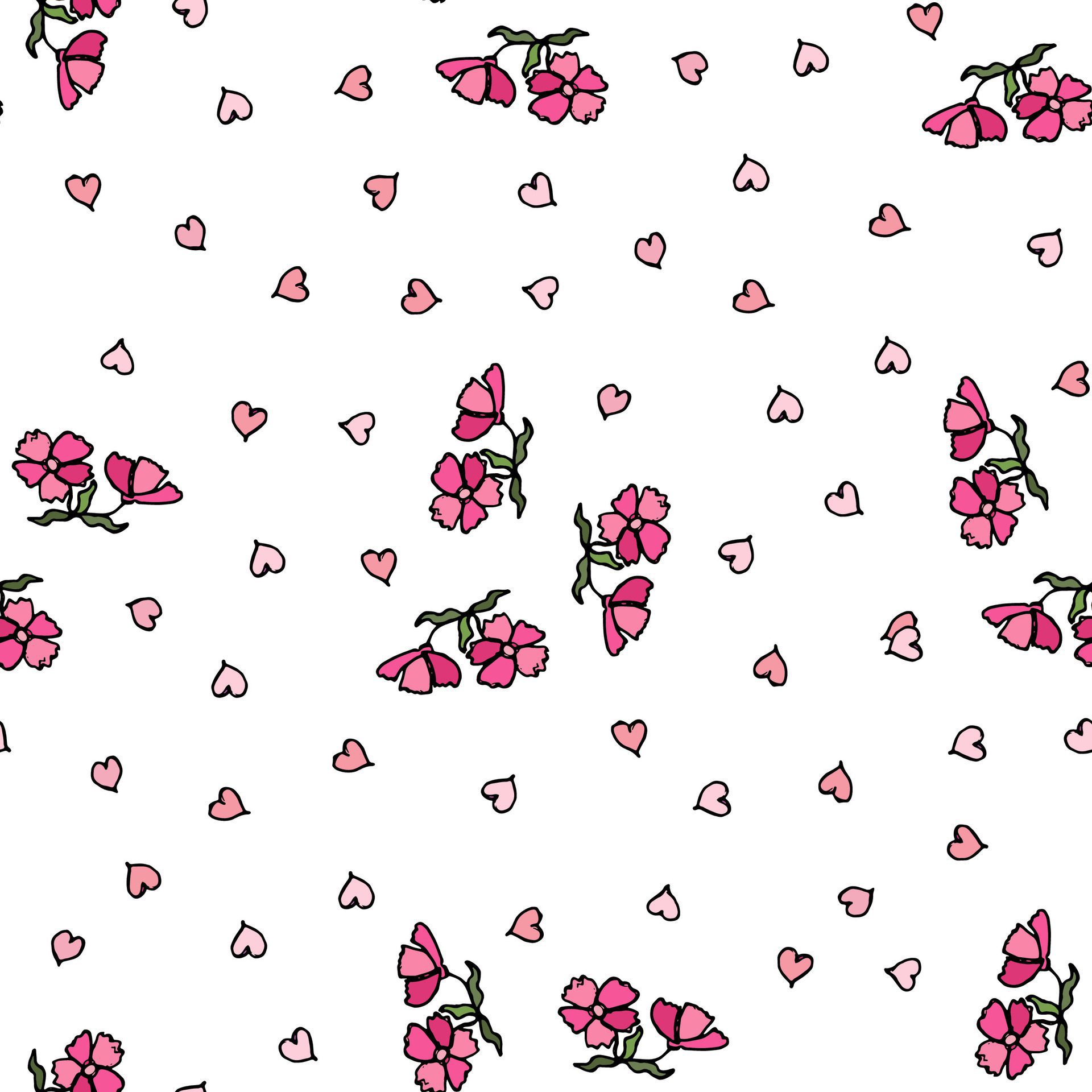 Seamless pattern with small flowers and hearts isolated on a white background. Hand-drawn illustration Free Vector