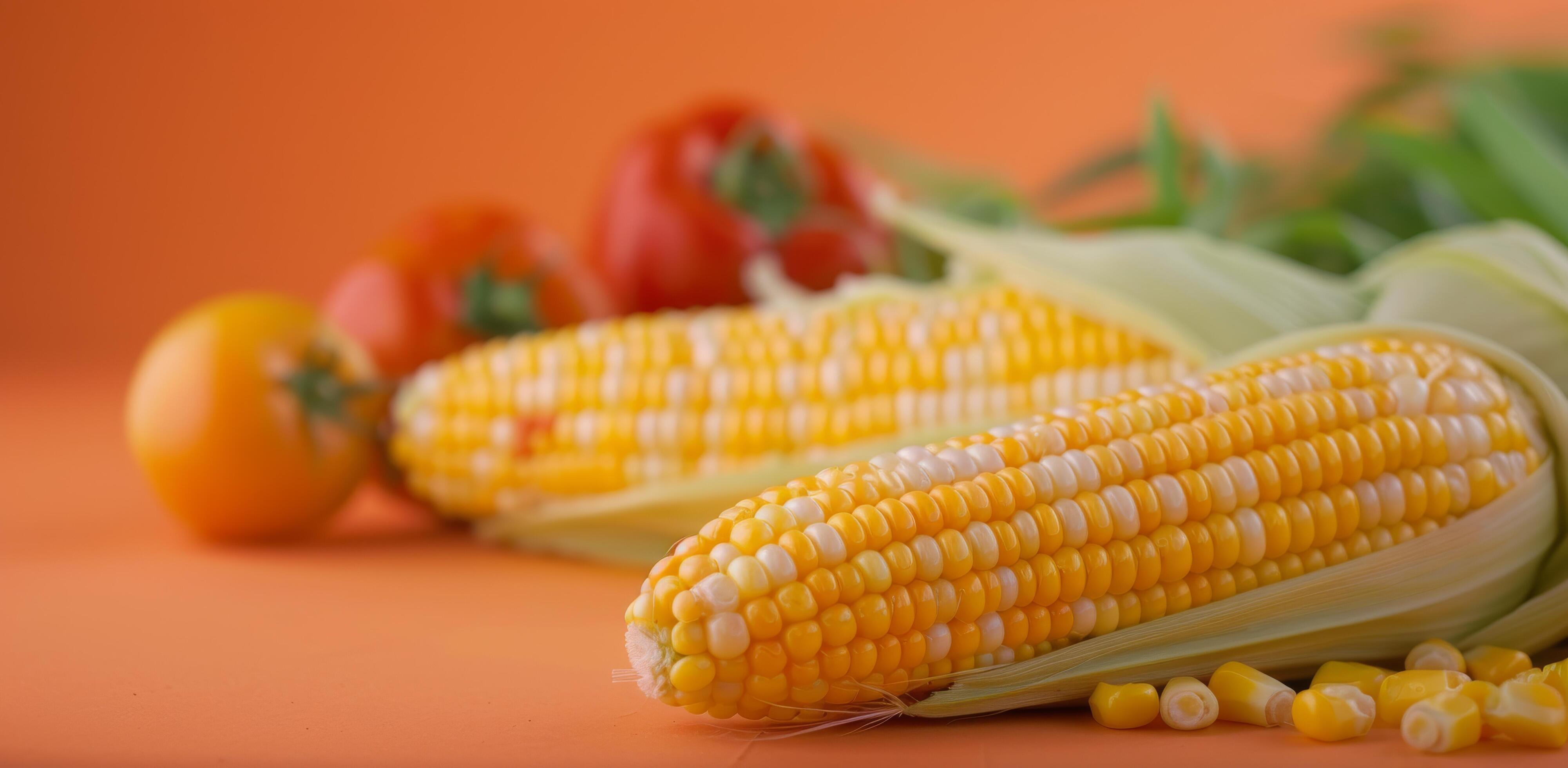 Freshly Harvested Corn Ears on Vibrant Orange Background Stock Free