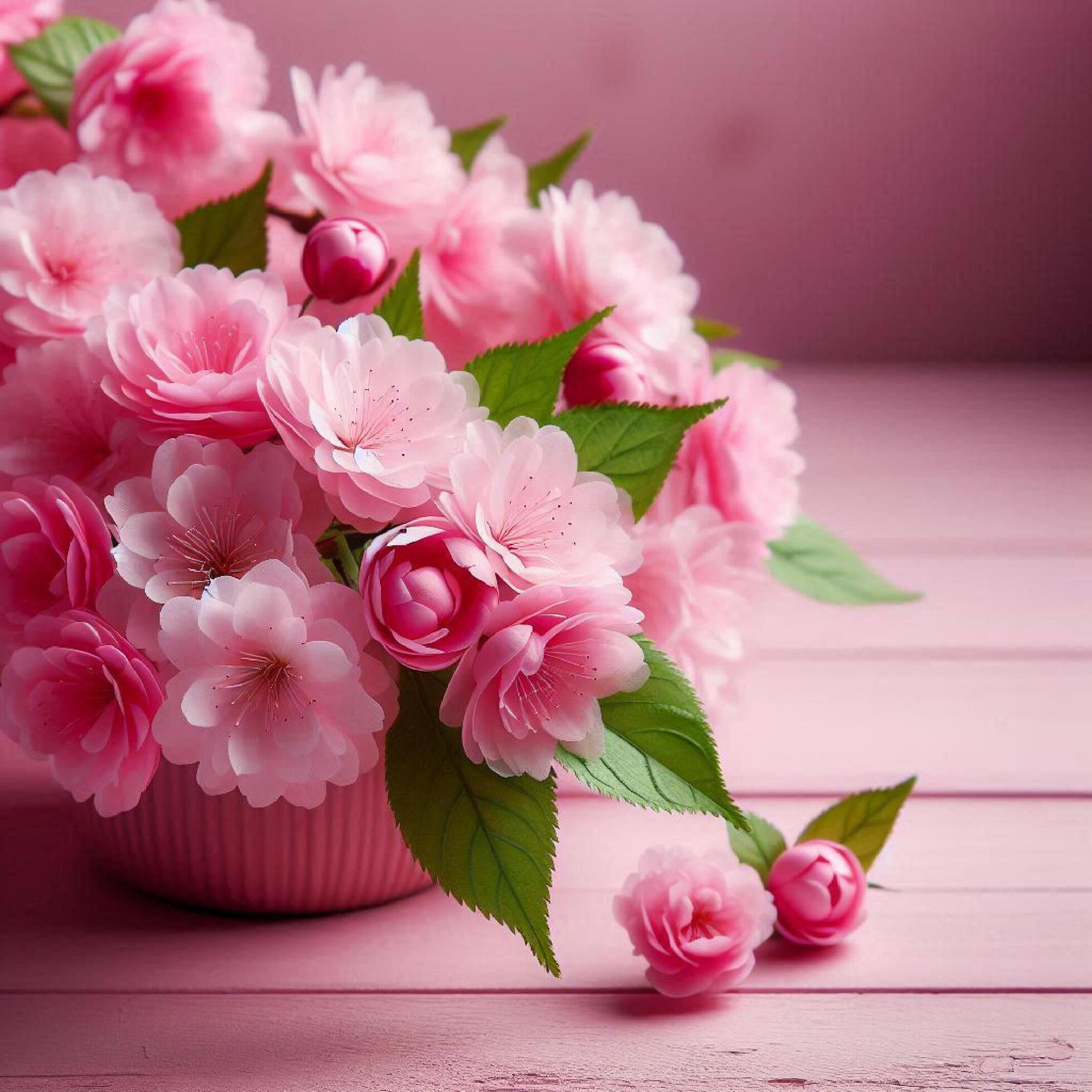 pink flowers on wooden background Stock Free