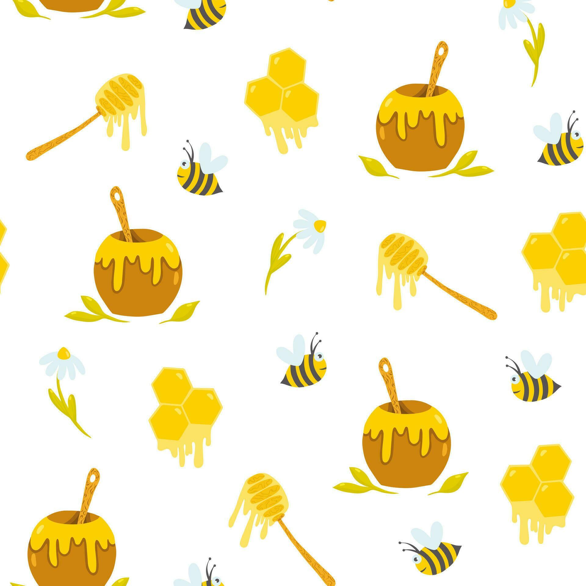 Seamless pattern of honey, bees and flowers, vector illustration background, wallpaper, textile, print Stock Free