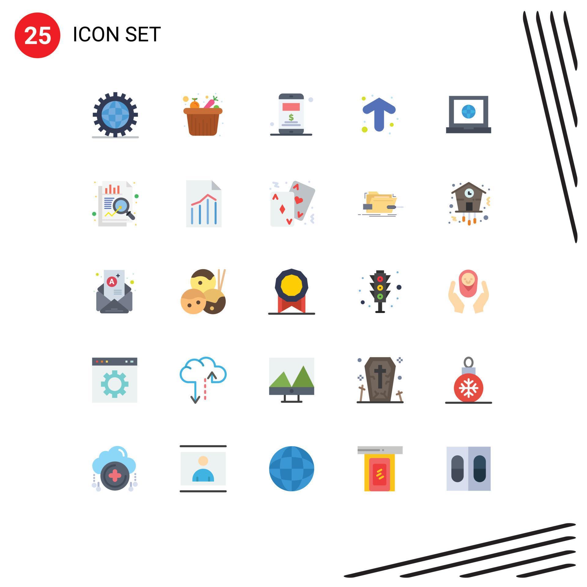 Flat Color Pack of 25 Universal Symbols of laptop direction grocery up arrow Editable Vector Design Elements Stock Free