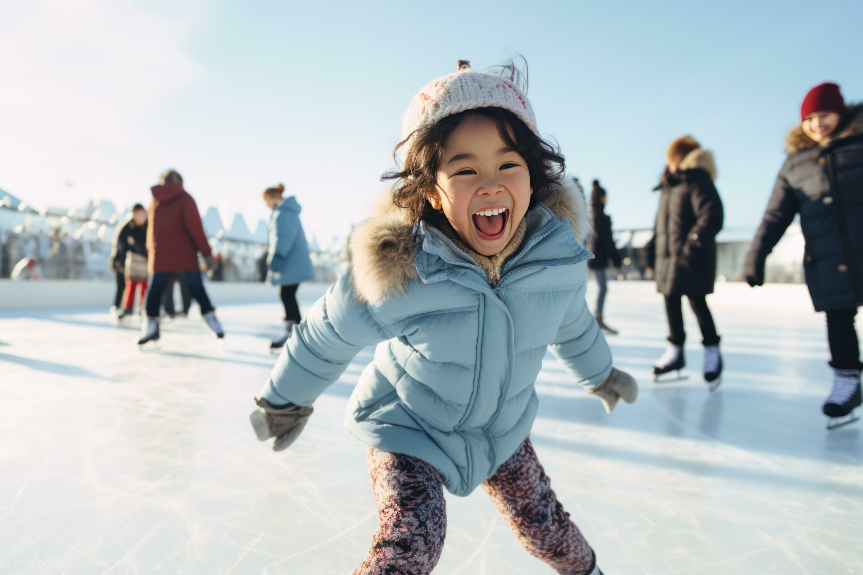 AI generated a young girl is hysterical and enjoying herself on ice rink with her family Stock Free