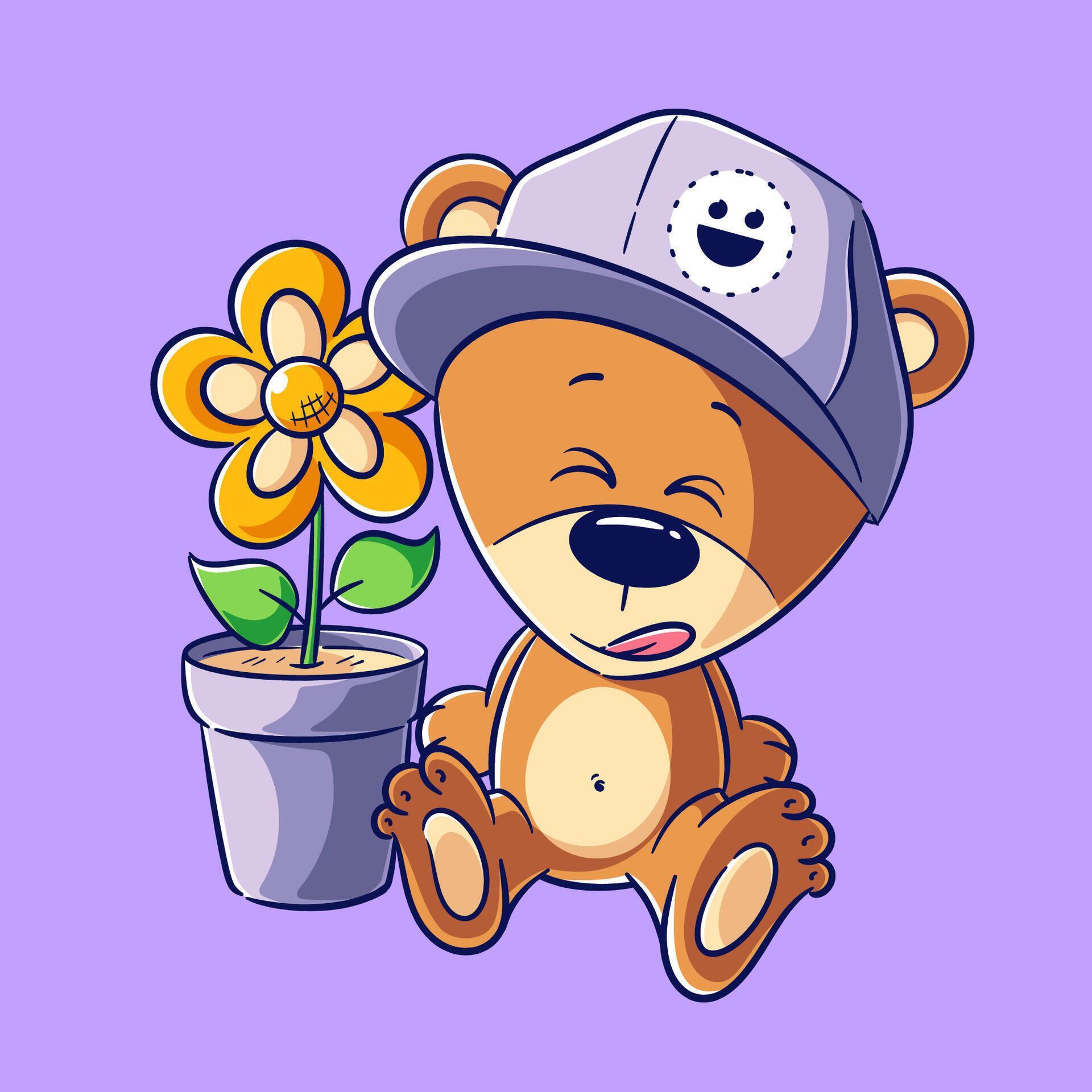 Cute bear wearing a hat sitting beside a flower pot, vector illustration Stock Free