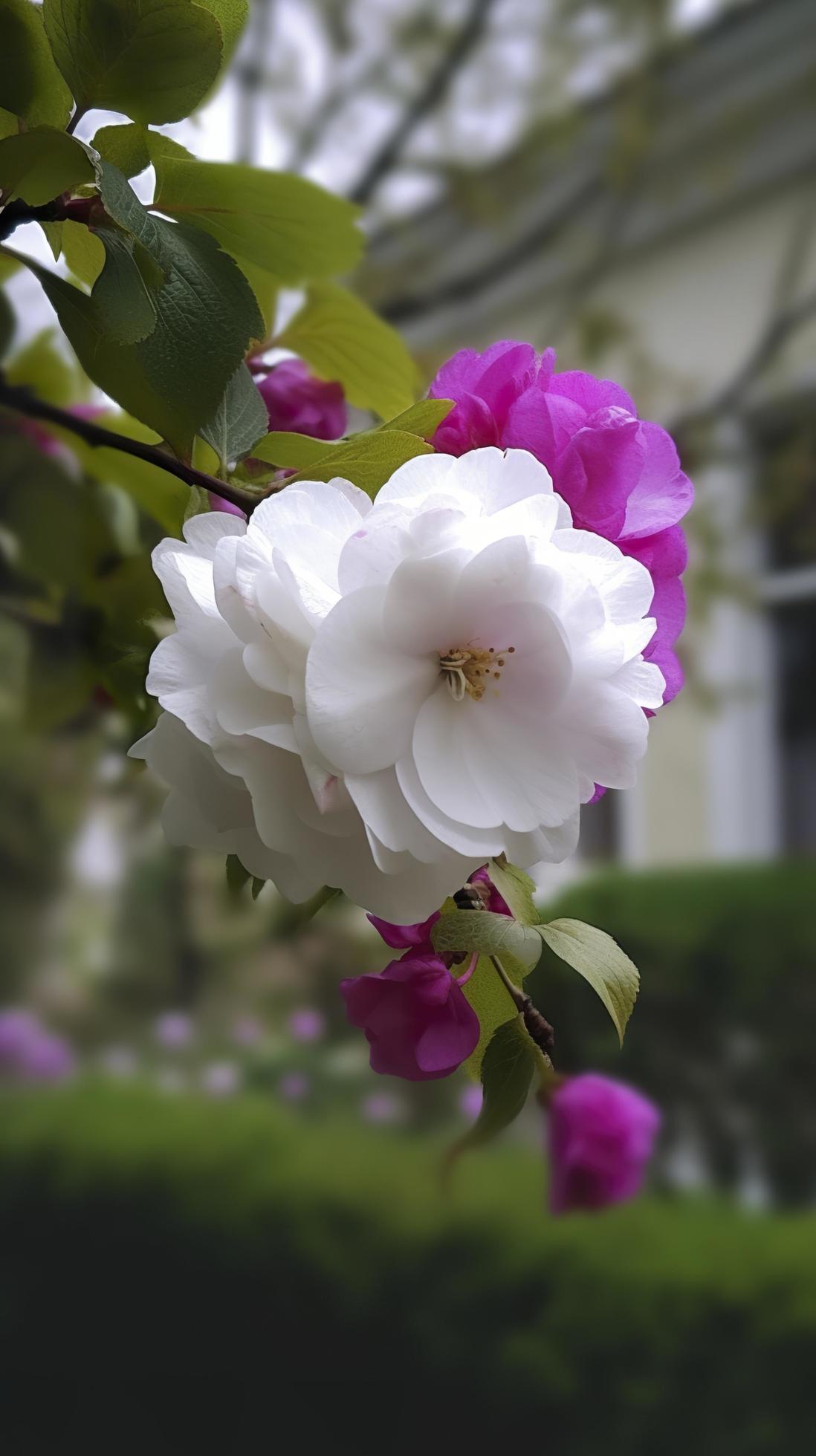 Chinese Suzhou garden, purple begonia flower, petals high definition, background blurred white walls and windows, soft beautiful light, generat ai Stock Free