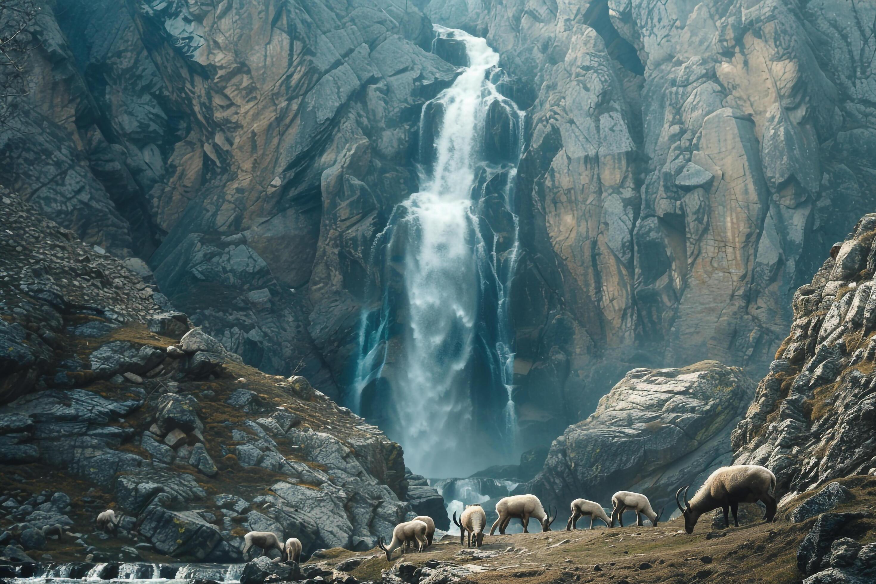 Serene waterfall in a mountainous landscape with a family of mountain goats nature background Stock Free