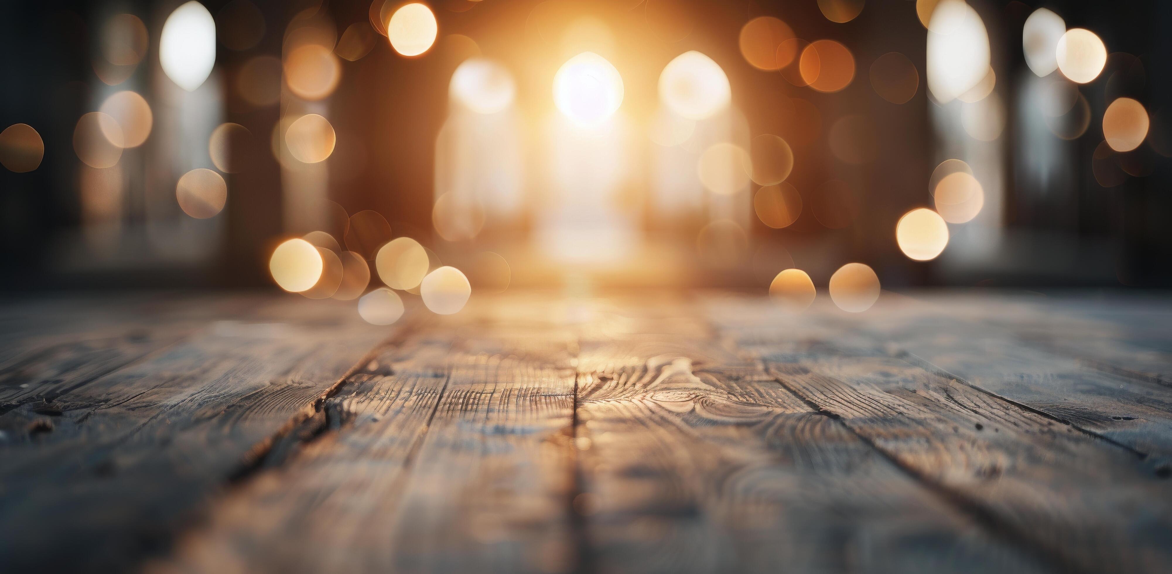 Wooden Table With Bokeh Background at Sunset in Urban Setting Stock Free