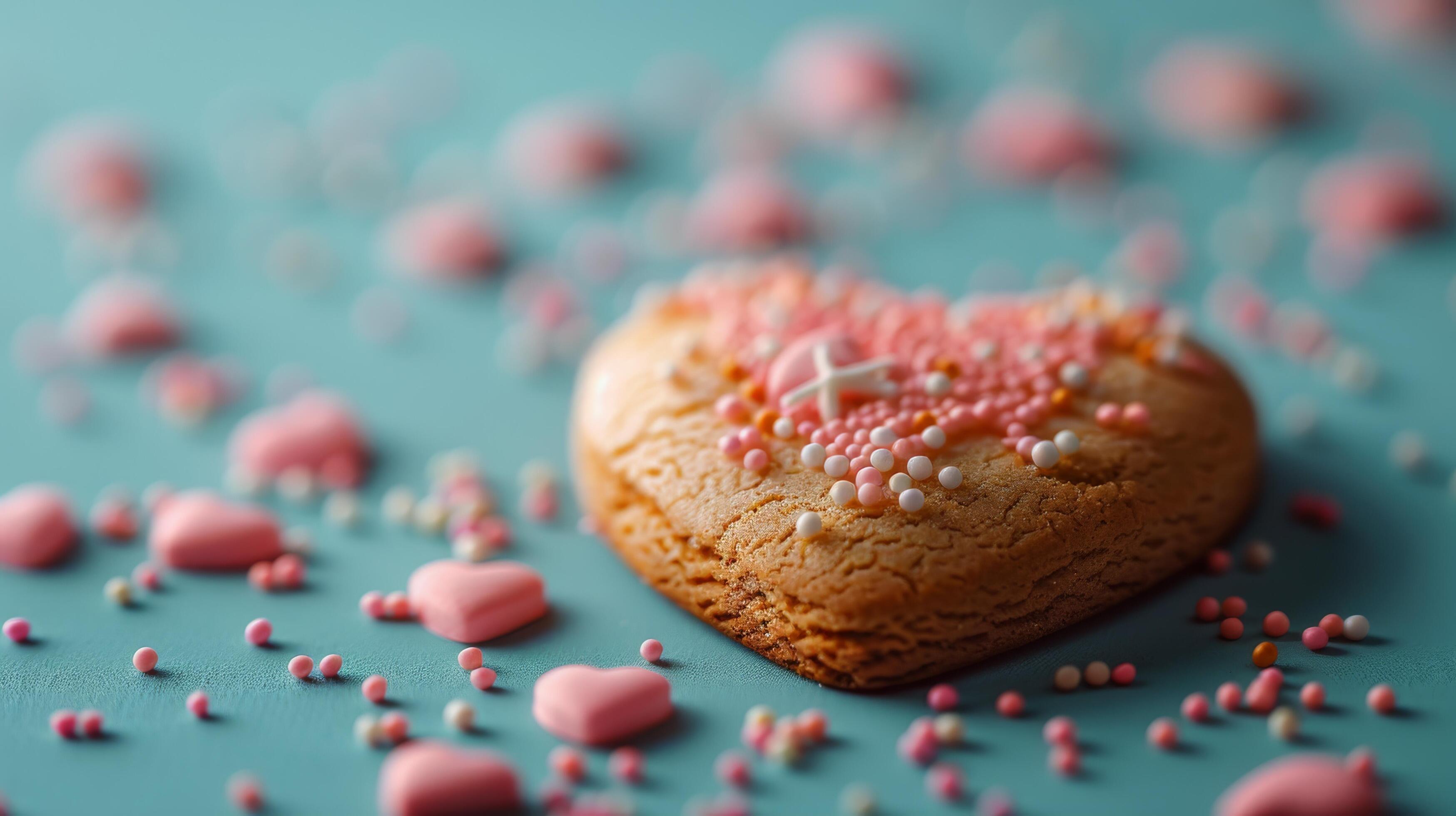 Two Heart Shaped Cookies With Sprinkles on a Blue Background Stock Free